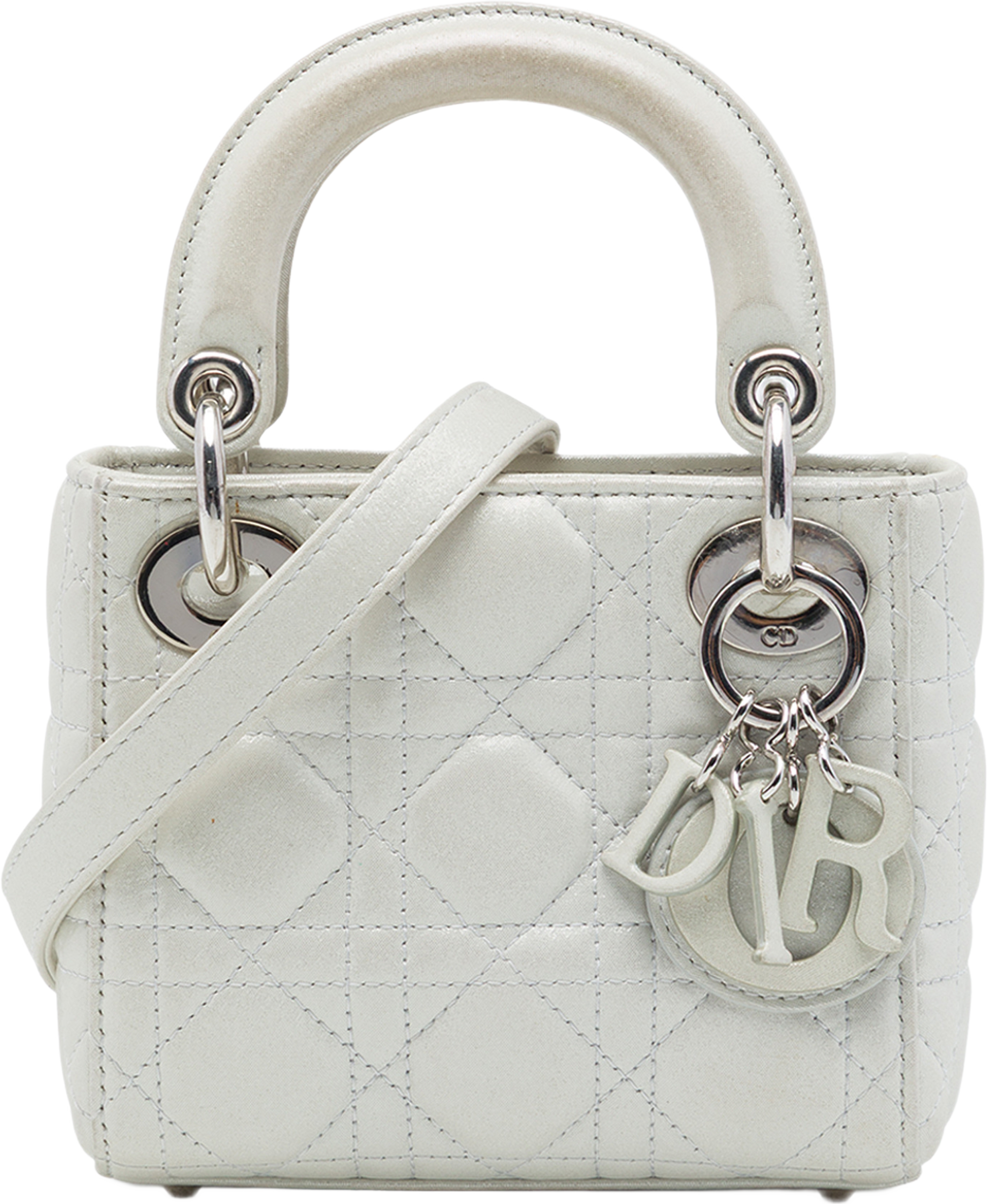 Dior Micro Iridescent Lambskin Cannage Lady Dior, från Luxclusif, i färgen silver. Klicka för att öppna bilden i stort format