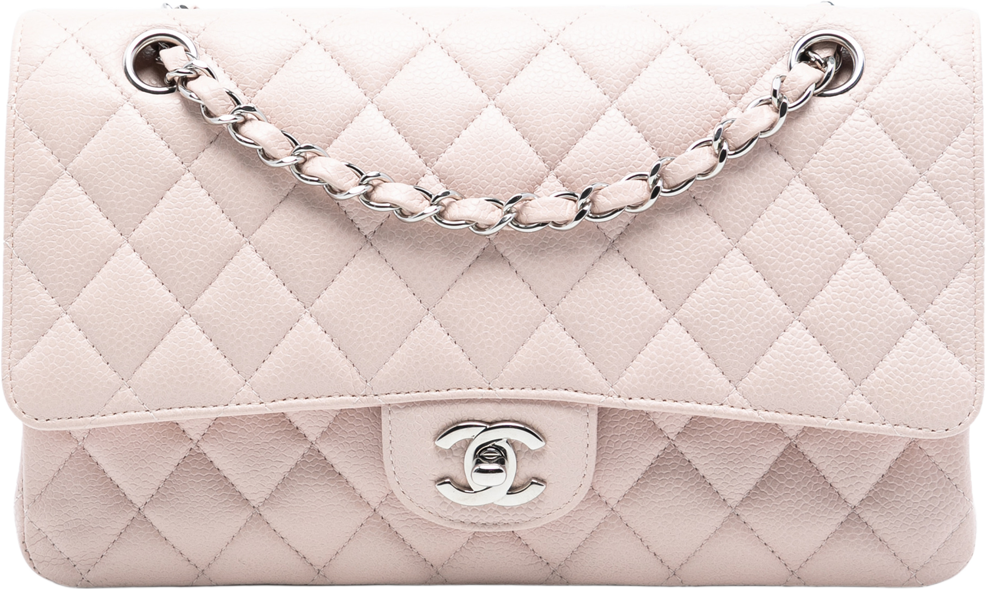 Chanel Medium Classic Caviar Double Flap, från Luxclusif, i färgen light pink. Klicka för att öppna bilden i stort format