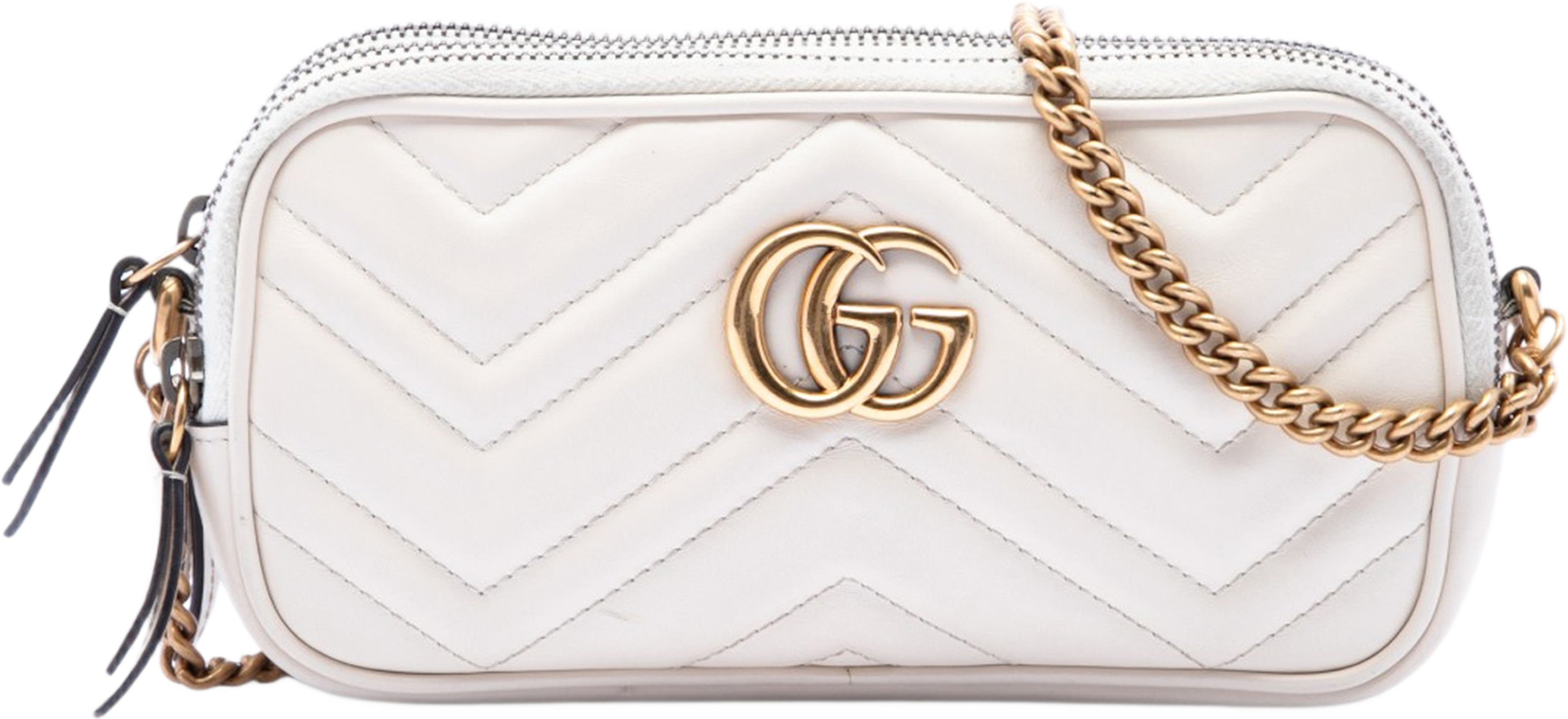 Gucci Mini Gg Marmont Matelasse Calfskin Triple Zip Crossbody, från Luxclusif, i färgen white. Klicka för att öppna bilden i stort format