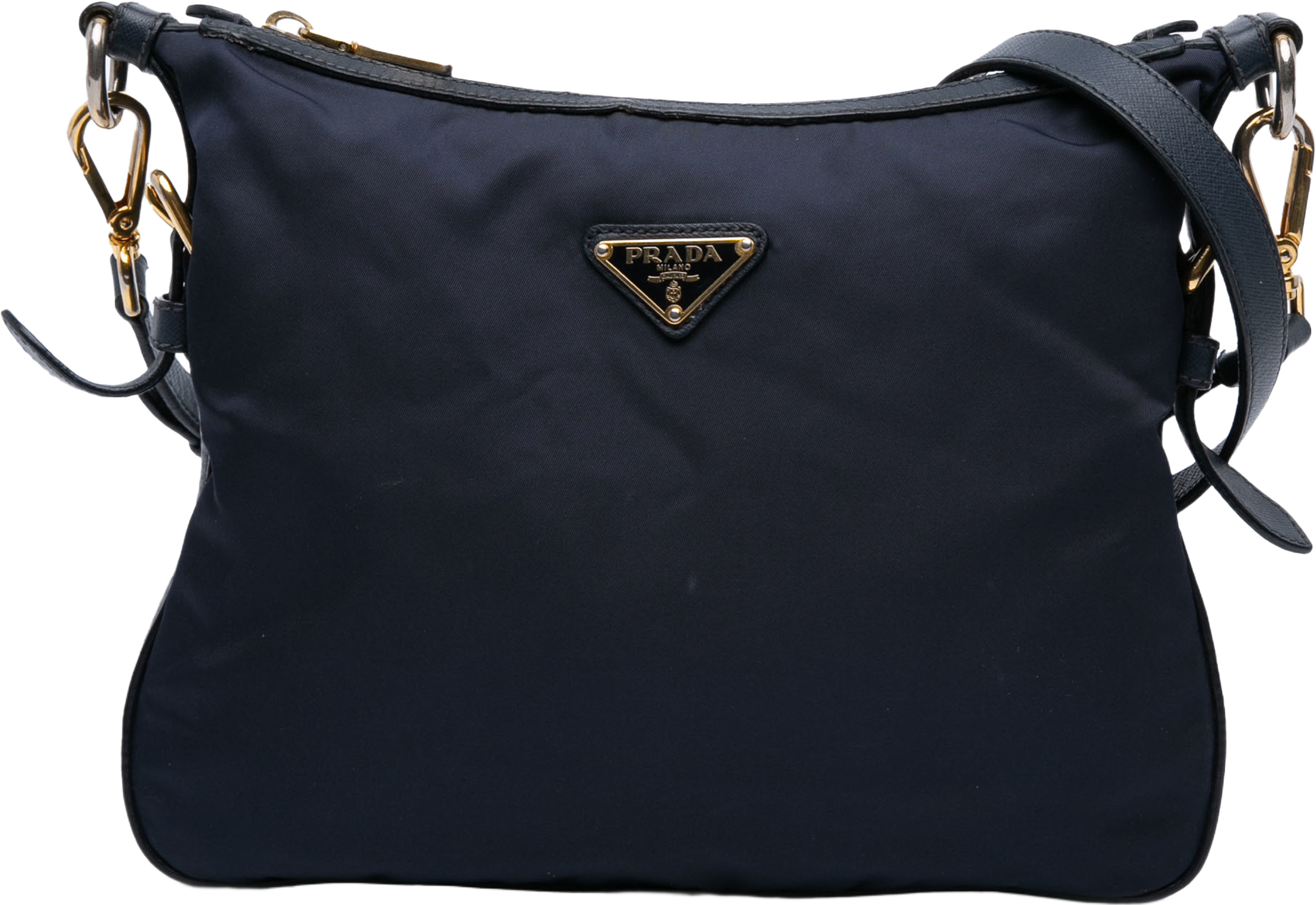 Prada Saffiano Trimmed Tessuto Zip Top Crossbody, från Luxclusif, i färgen navy. Klicka för att öppna bilden i stort format