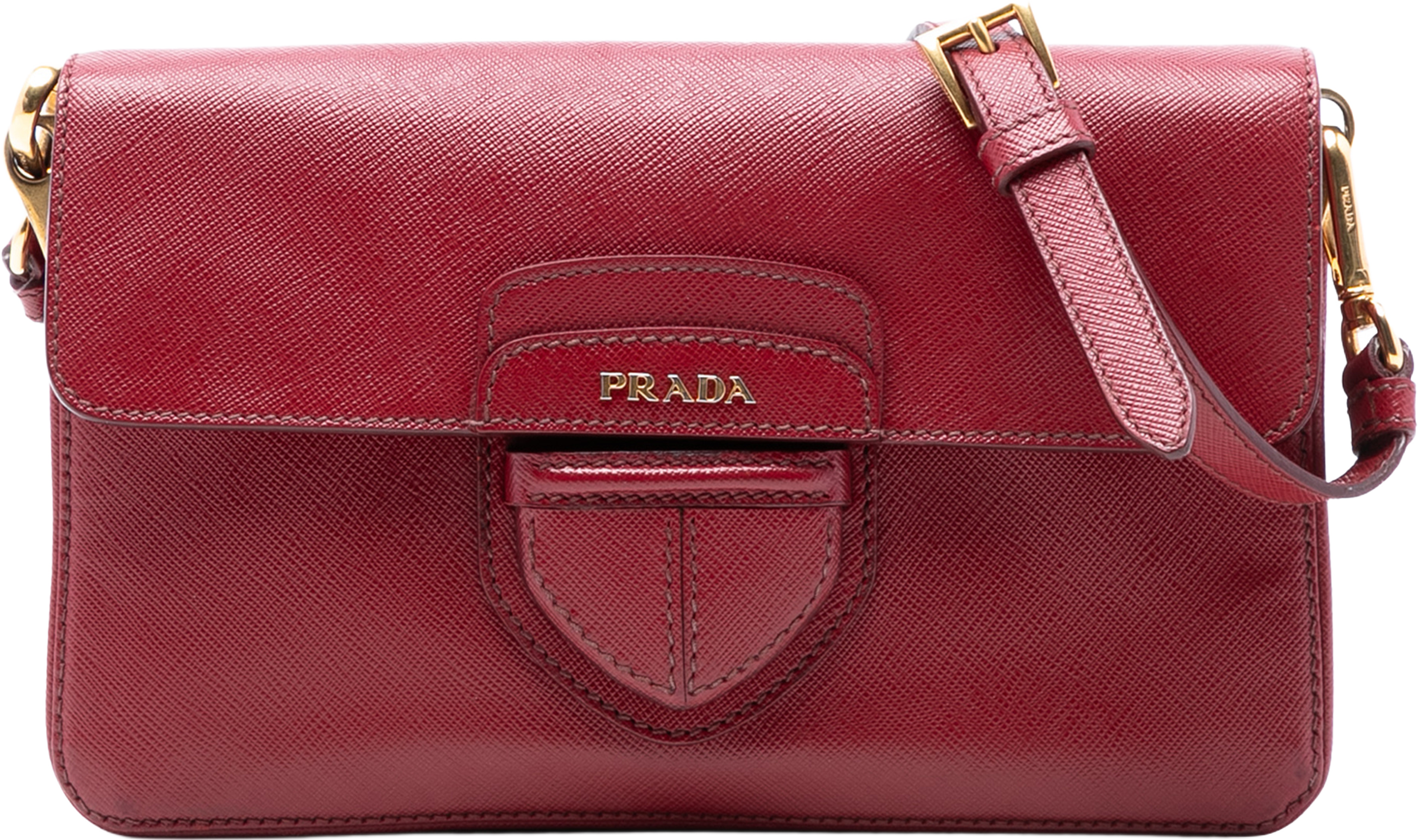 Prada Saffiano Crossbody, från Luxclusif, i färgen red. Klicka för att öppna bilden i stort format
