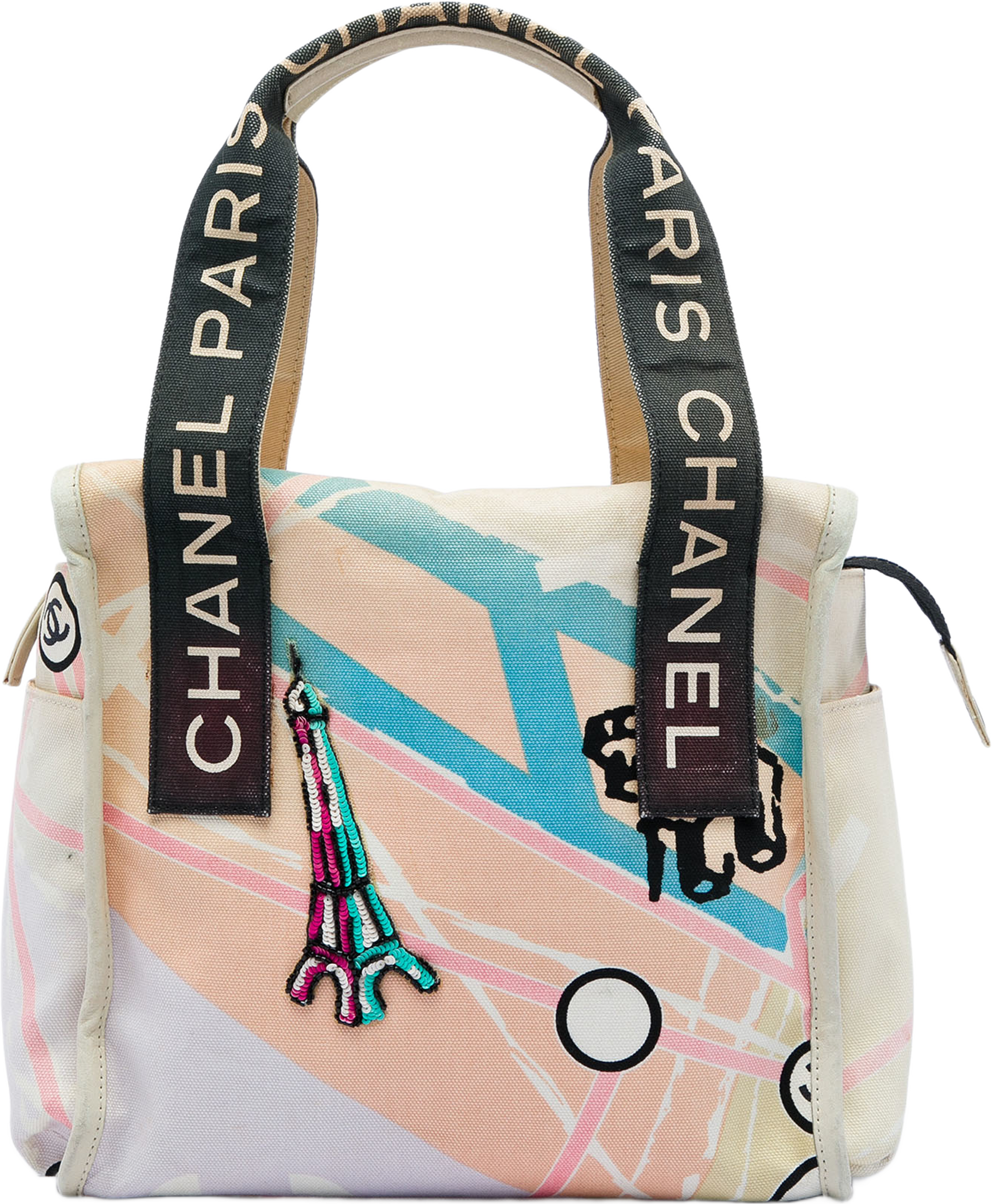 Chanel Canvas Eiffel Tower Handbag, från Luxclusif, i färgen beige. Klicka för att öppna bilden i stort format