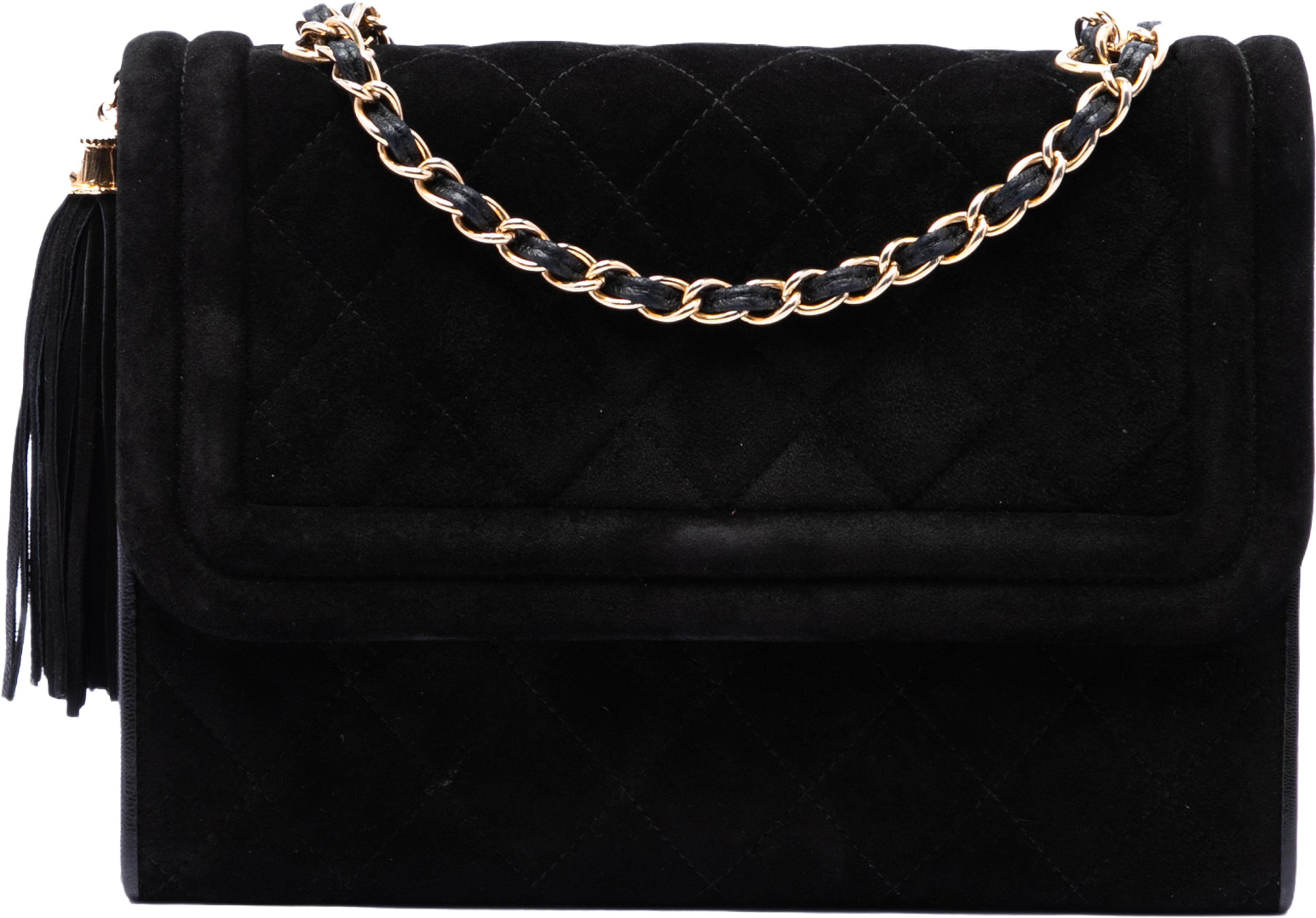 Chanel Quilted Suede Tassel Flap, från Luxclusif, i färgen black. Klicka för att öppna bilden i stort format