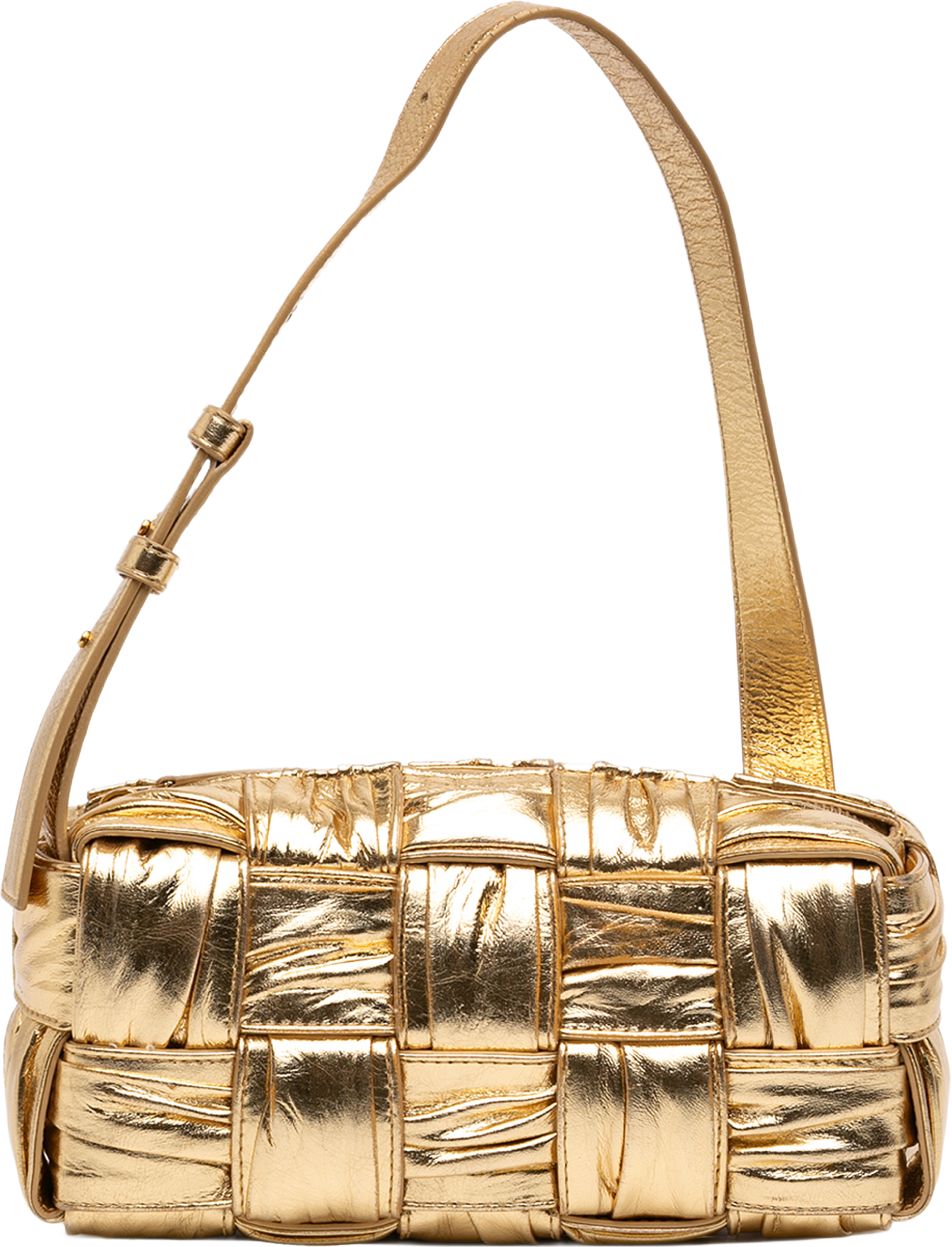 Bottega Veneta Small Metallic Lambskin Intrecciato Plisse Brick Cassette, från Luxclusif, i färgen gold. Klicka för att öppna bilden i stort format