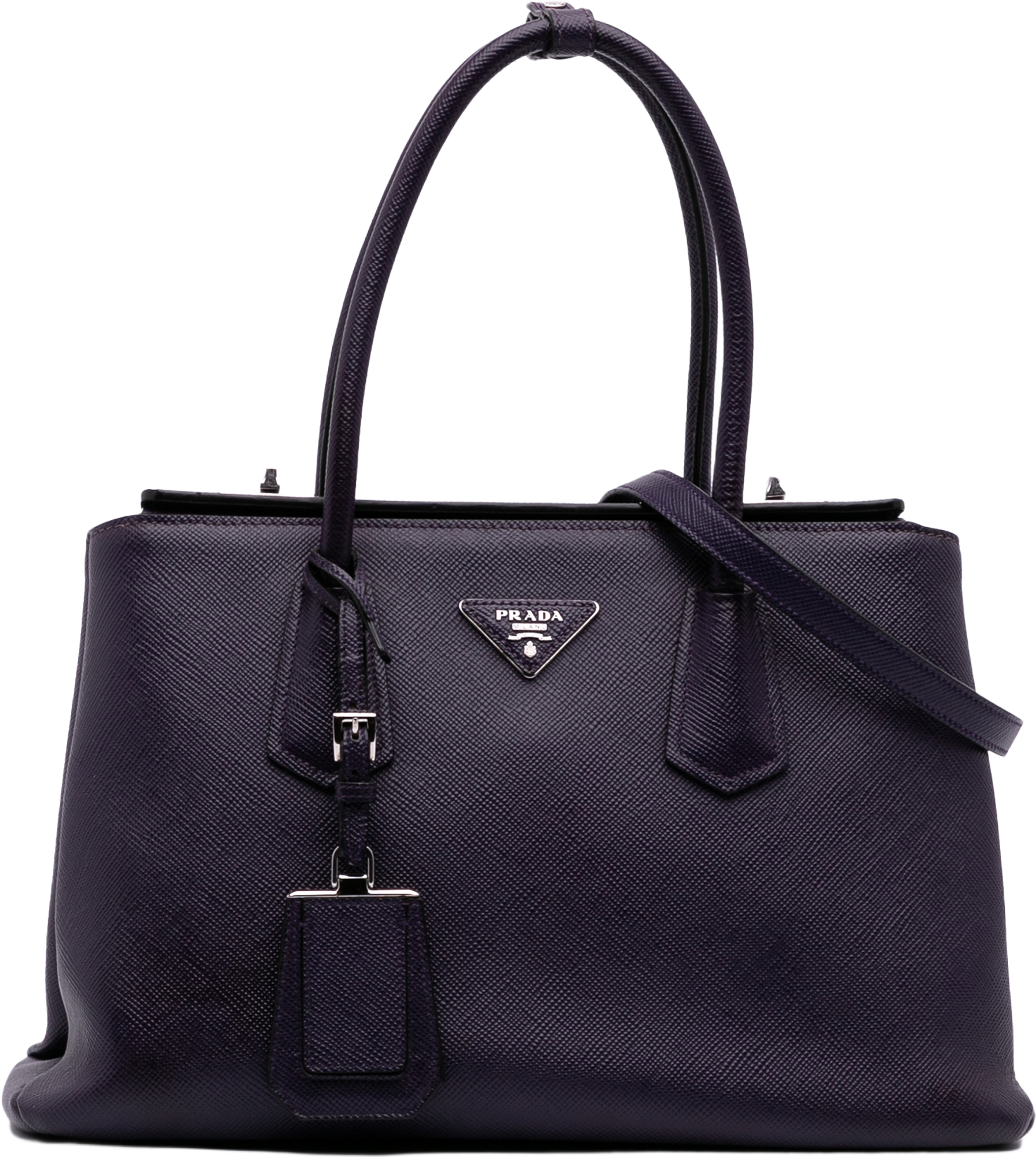 Prada Saffiano Cuir Turnlock Twin Satchel, från Luxclusif, i färgen plum. Klicka för att öppna bilden i stort format