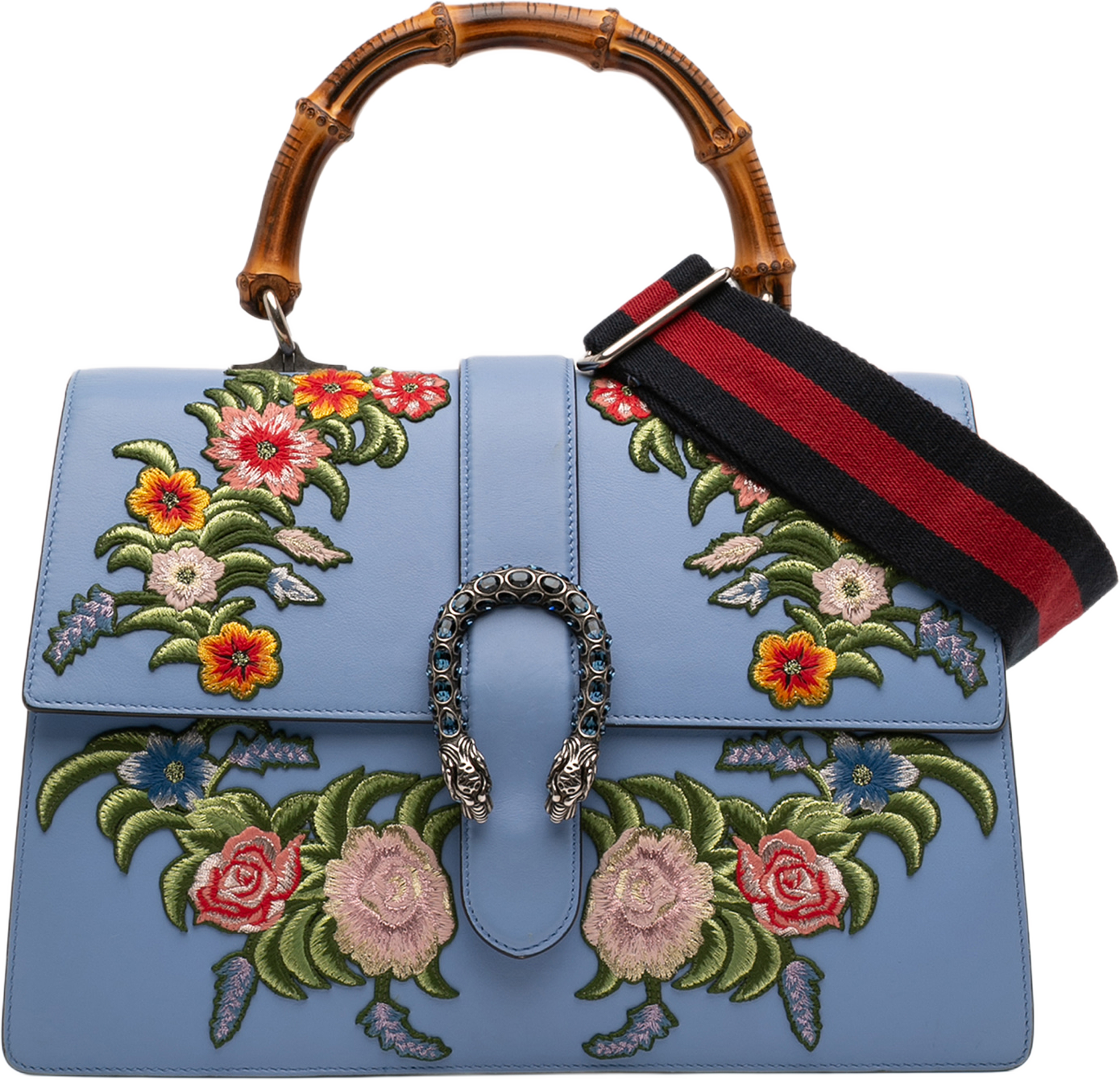 Gucci Large Calfskin Floral Embroidered Bamboo Dionysus Web Satchel, från Luxclusif, i färgen blå. Klicka för att öppna bilden i stort format