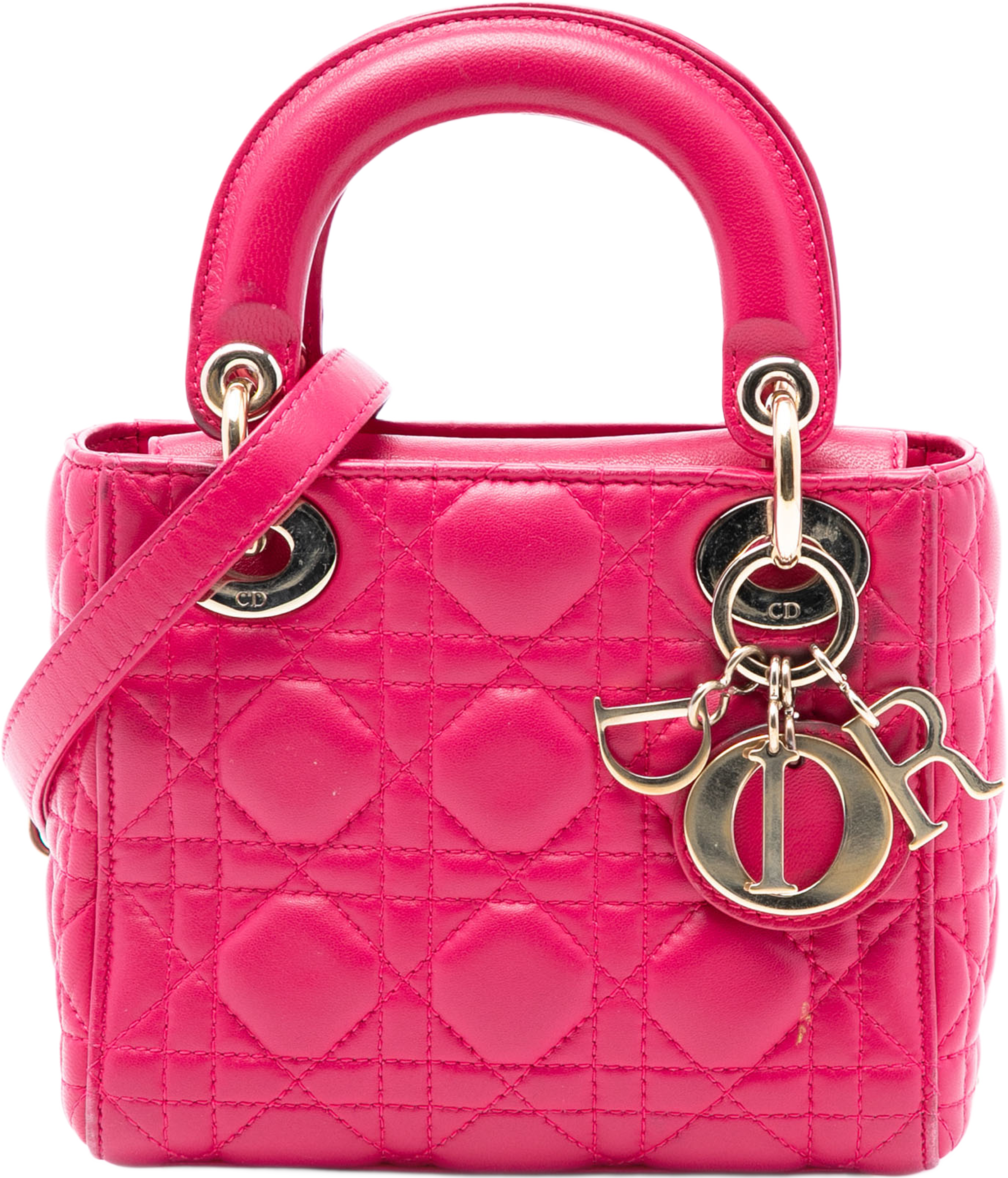 Dior Mini Lambskin Cannage Lady Dior, från Luxclusif, i färgen hot pink. Klicka för att öppna bilden i stort format