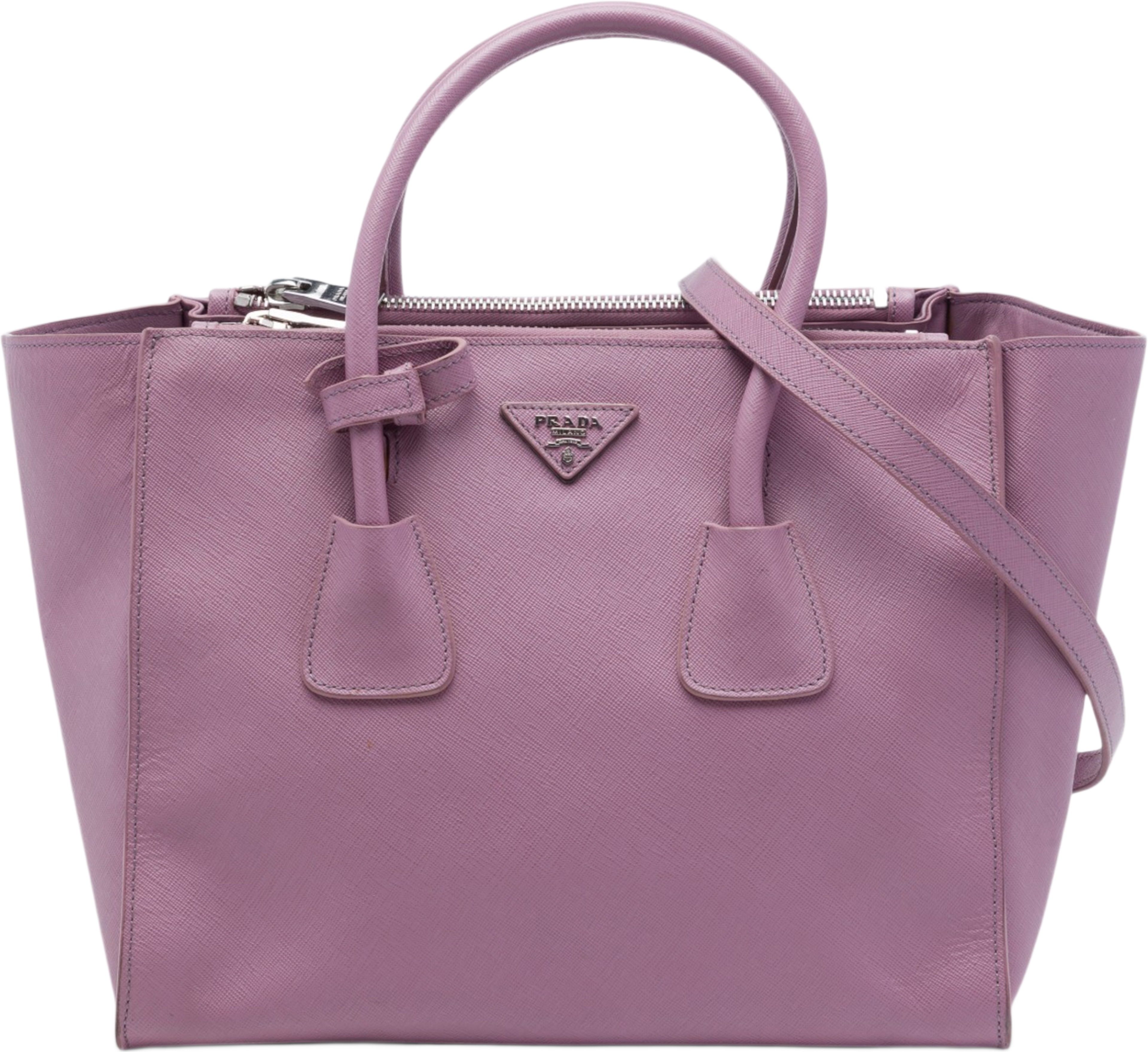Prada Medium Saffiano Twin Pocket Satchel, från Luxclusif, i färgen purpur. Klicka för att öppna bilden i stort format
