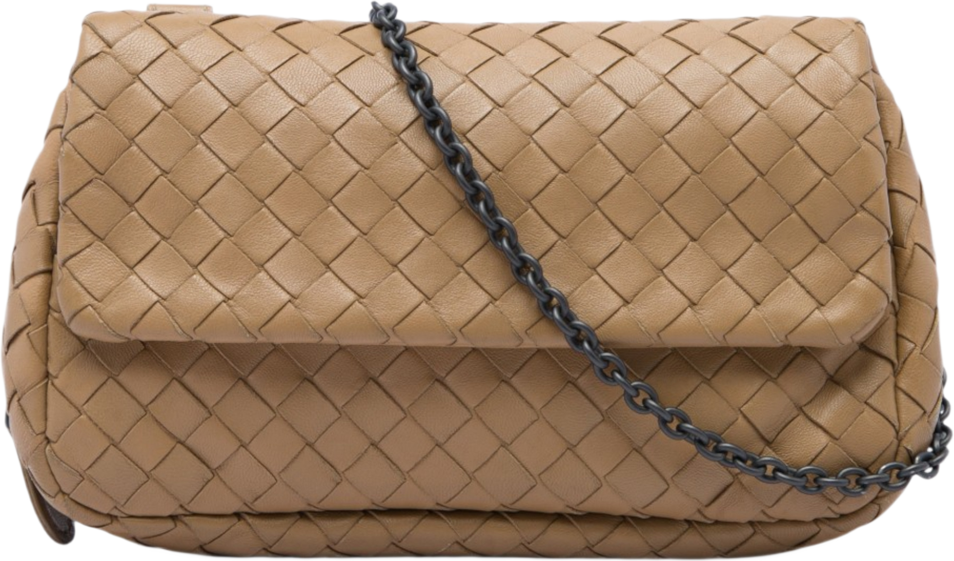 Bottega Veneta Mini Nappa Intrecciato Expandable Chain Flap Crossbody, från Luxclusif, i färgen brun. Klicka för att öppna bilden i stort format
