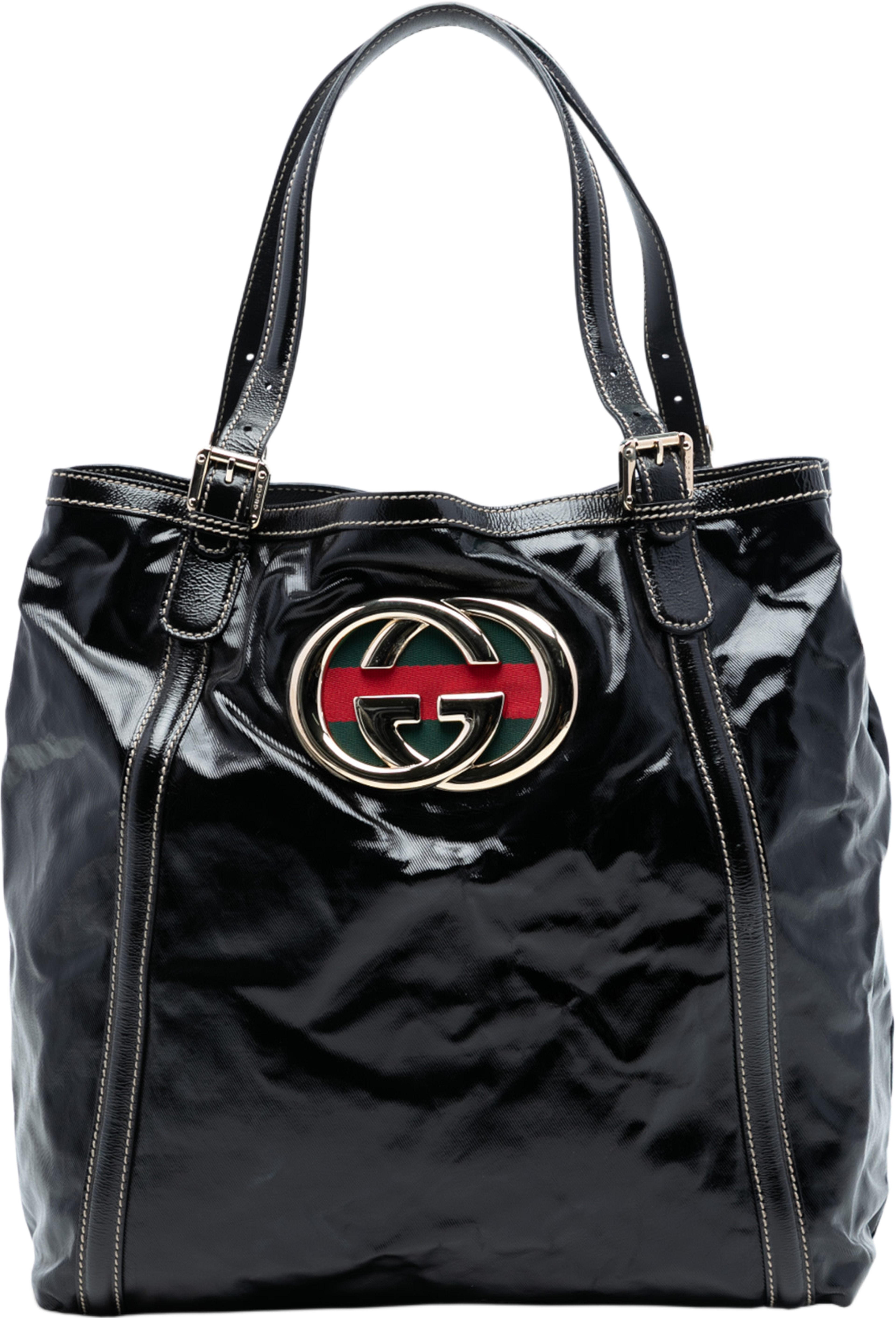 Gucci Patent Dialux Britt Web Tote, från Luxclusif, i färgen black. Klicka för att öppna bilden i stort format