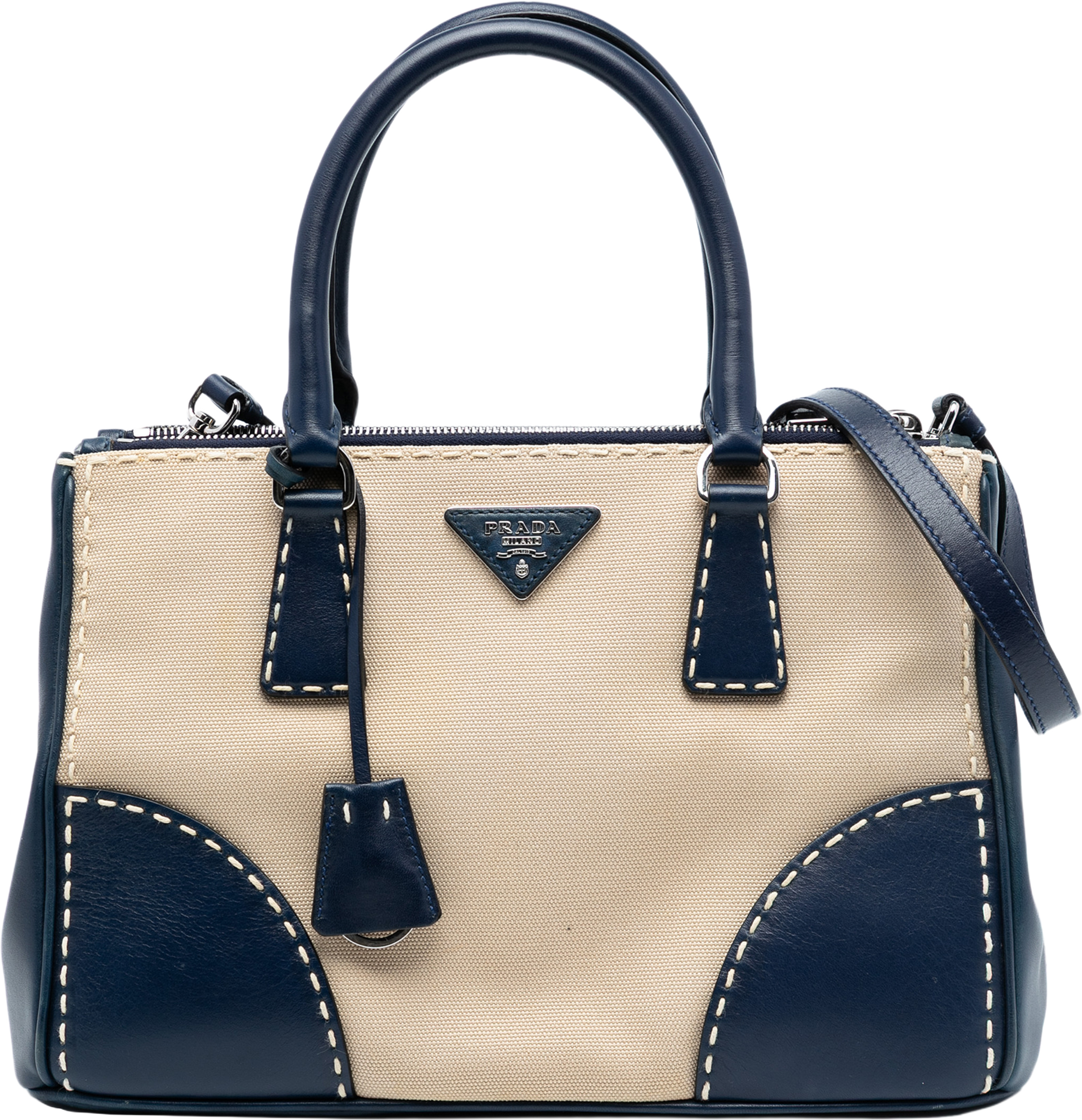 Prada Small Canvas And City Calf Hand Stitched Galleria Double Zip Satchel, från Luxclusif, i färgen beige. Klicka för att öppna bilden i stort format