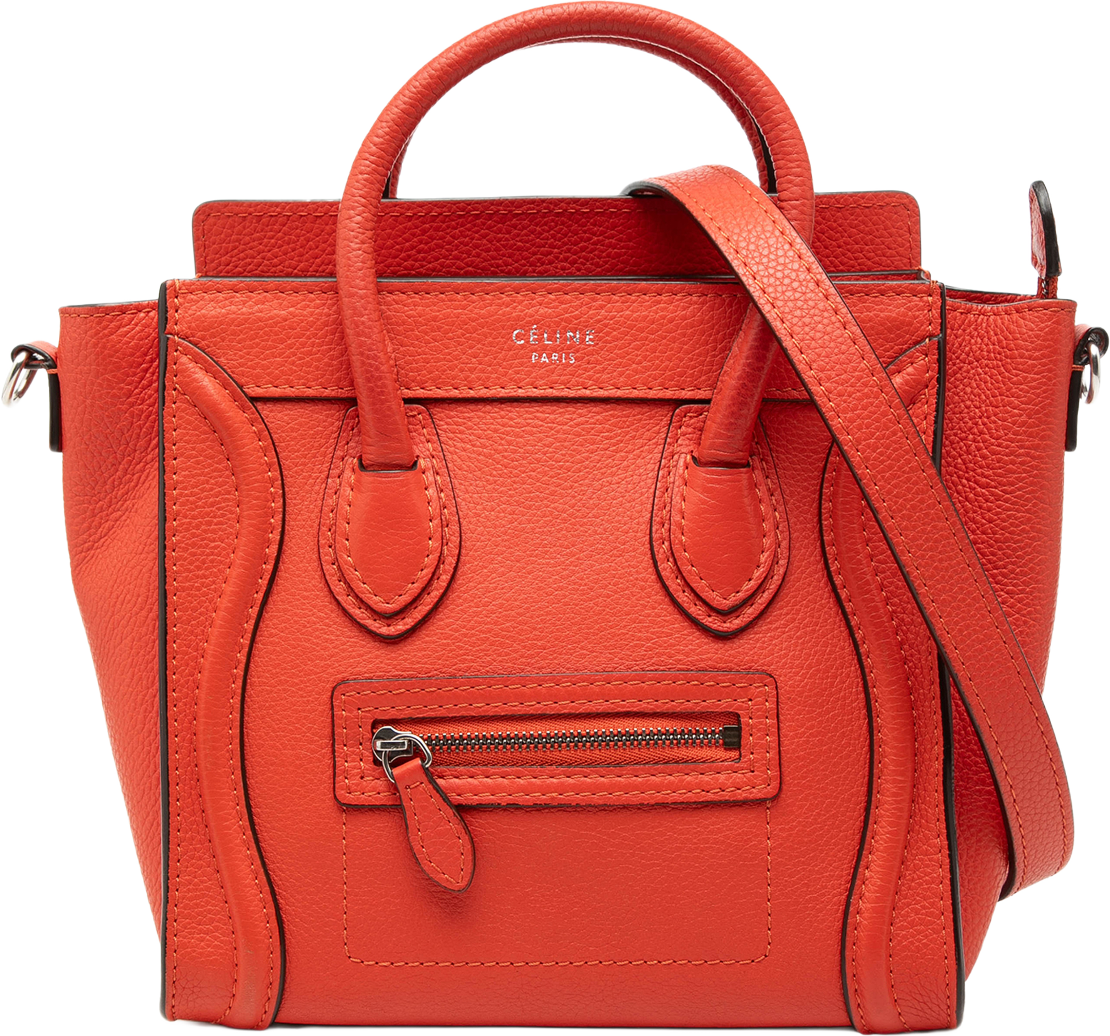 Celine Nano Leather Luggage Tote, från Luxclusif, i färgen dark orange. Klicka för att öppna bilden i stort format