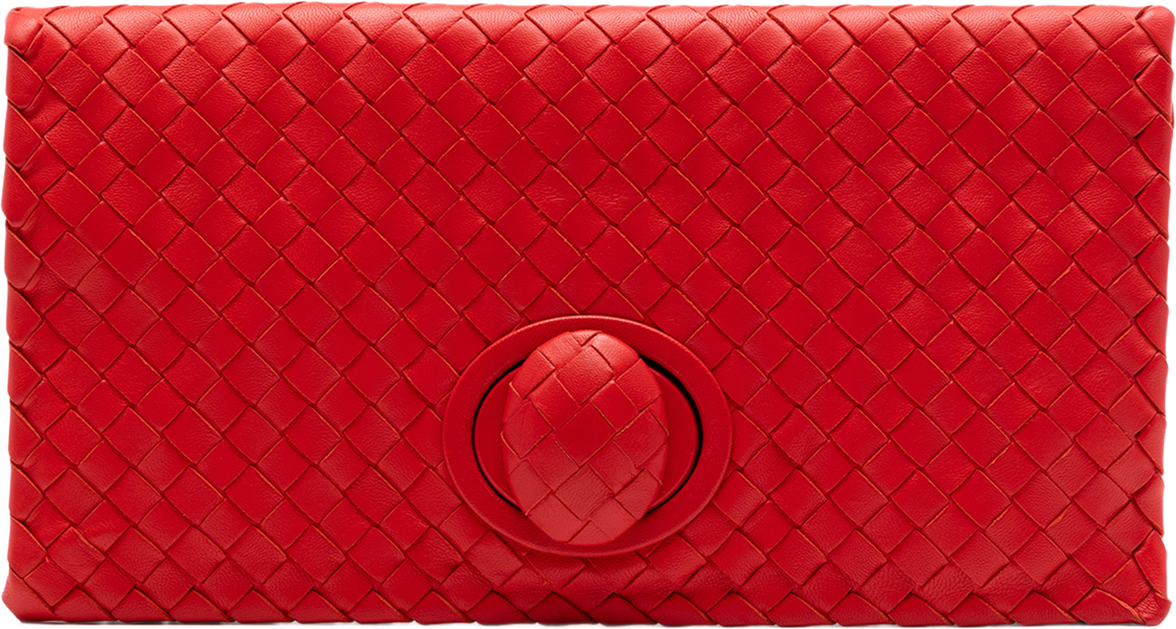 Bottega Veneta Nappa Intrecciato Turn Lock Clutch, från Luxclusif, i färgen red. Klicka för att öppna bilden i stort format