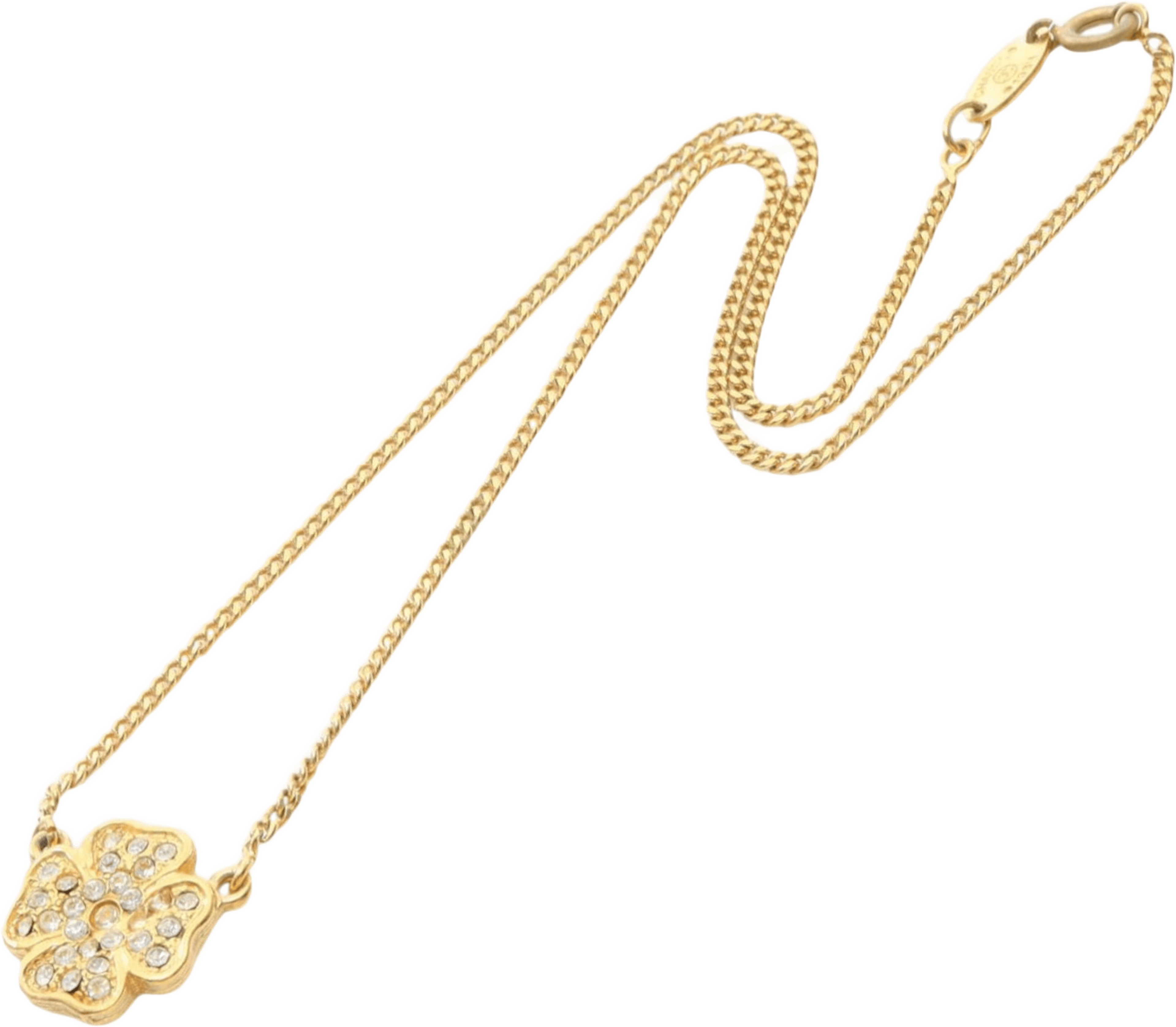 Chanel Gold Plated Rhinestone Clover Pendant Necklace, från Luxclusif, i färgen gold. Klicka för att öppna bilden i stort format