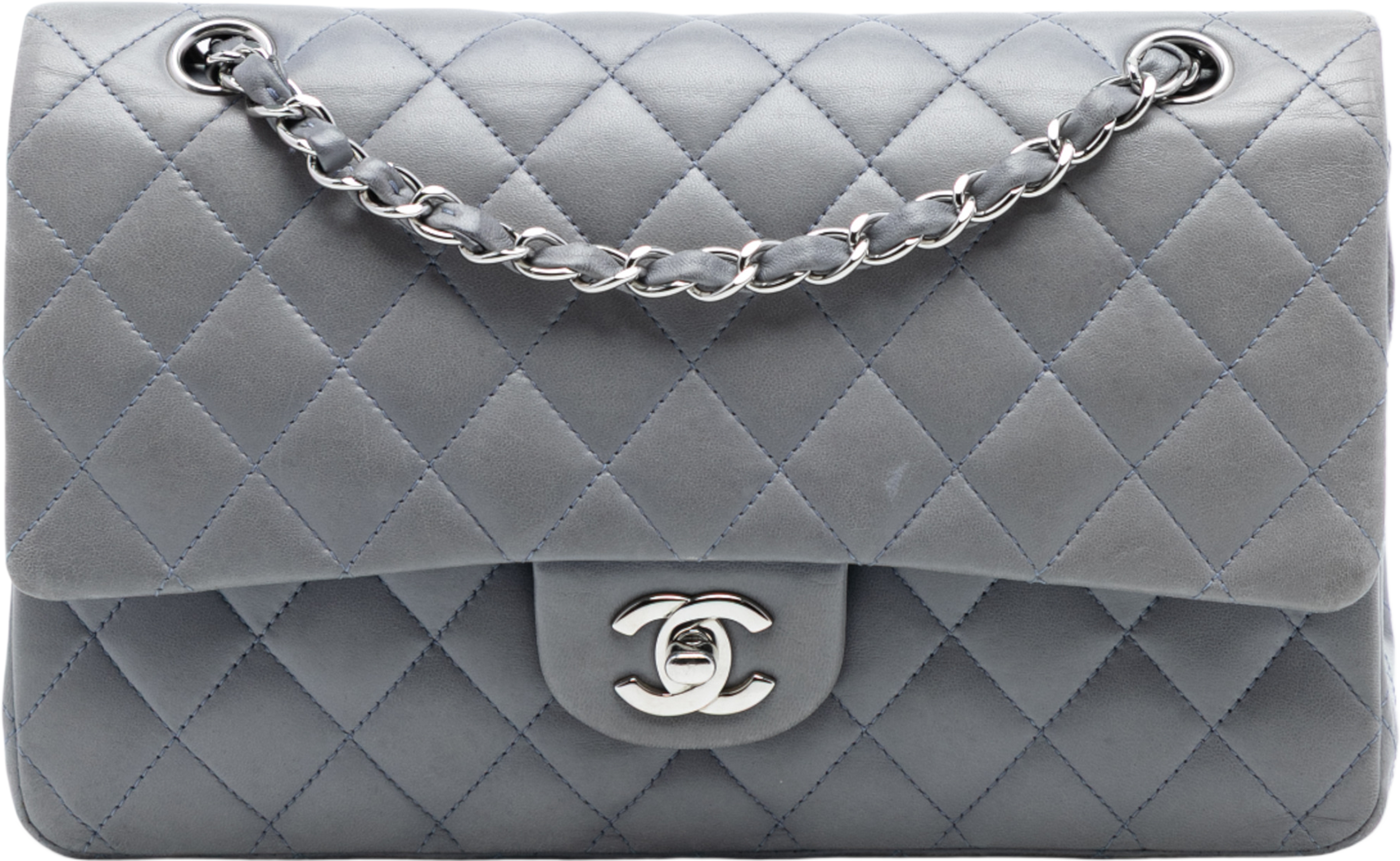 Chanel Medium Classic Lambskin Double Flap, från Luxclusif, i färgen gray. Klicka för att öppna bilden i stort format