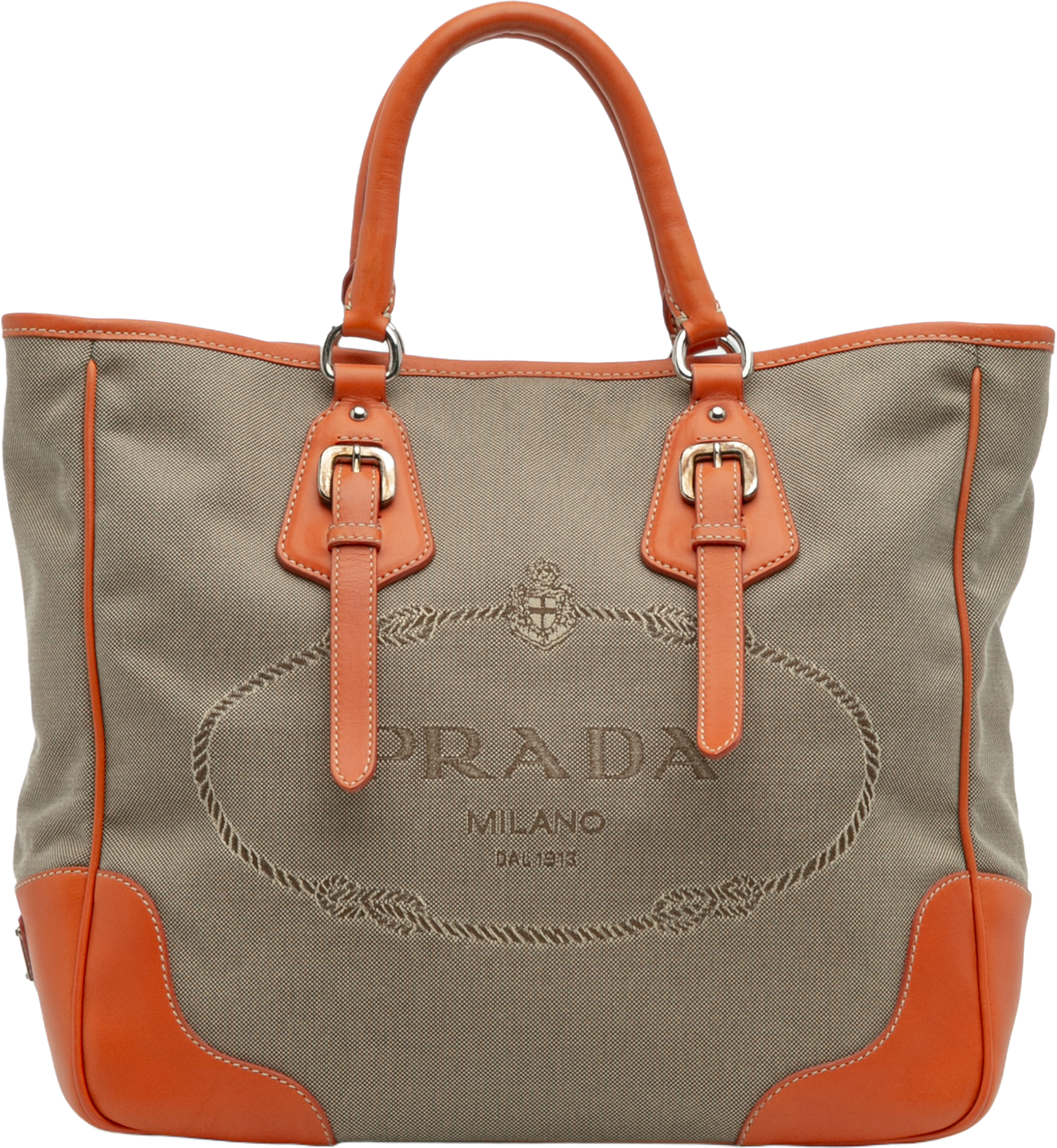 Prada Canvas Canapa Logo Convertible Tote, från Luxclusif, i färgen beige. Klicka för att öppna bilden i stort format