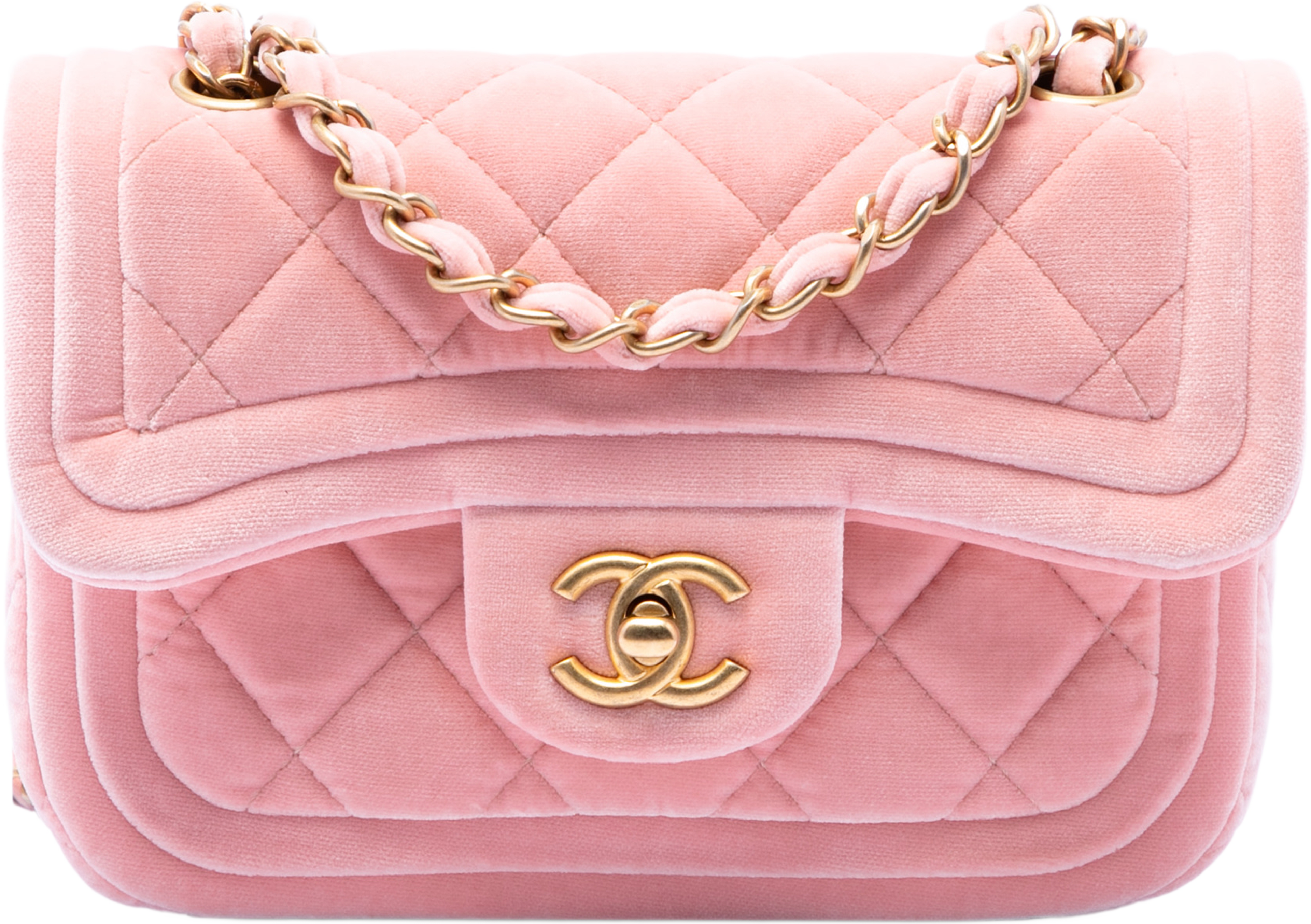Chanel Mini Quilted Velvet Double Frame Flap, från Luxclusif, i färgen pink. Klicka för att öppna bilden i stort format