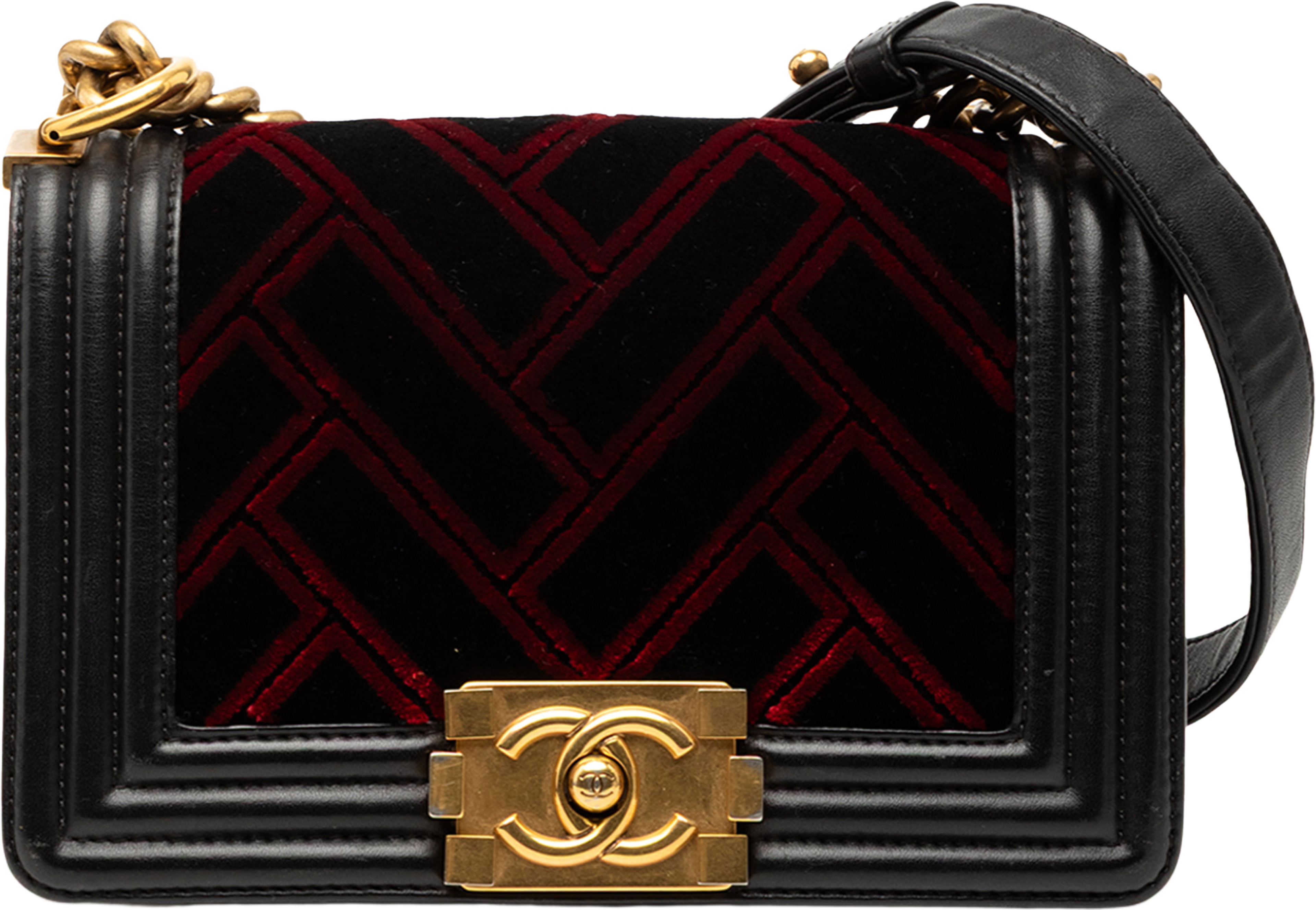 Chanel Small Velvet And Calfskin Boy Flap, från Luxclusif, i färgen black. Klicka för att öppna bilden i stort format