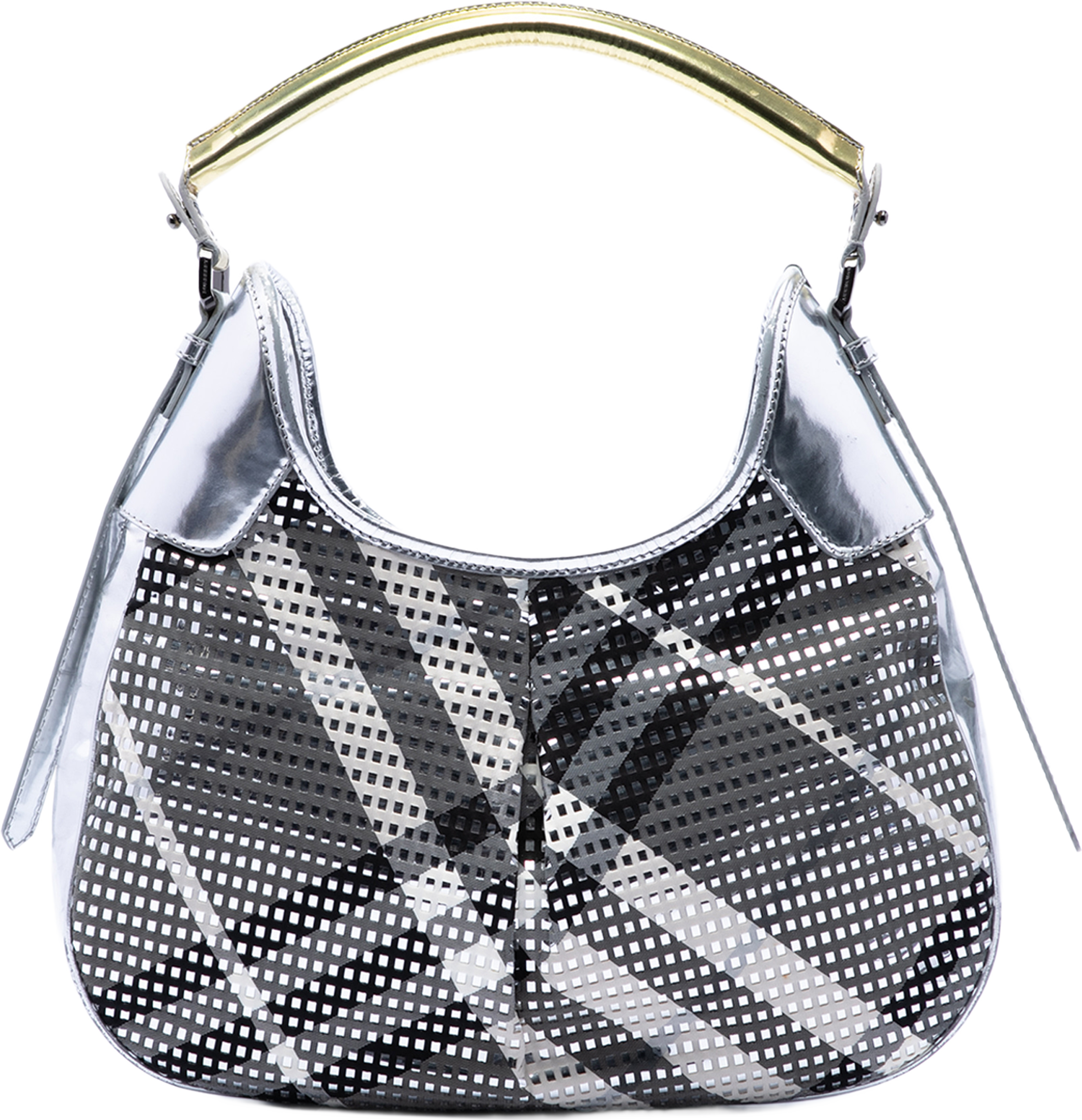 Burberry Metallic Patent And Beat Check Nylon Brooklyn Hobo, från Luxclusif, i färgen gray. Klicka för att öppna bilden i stort format