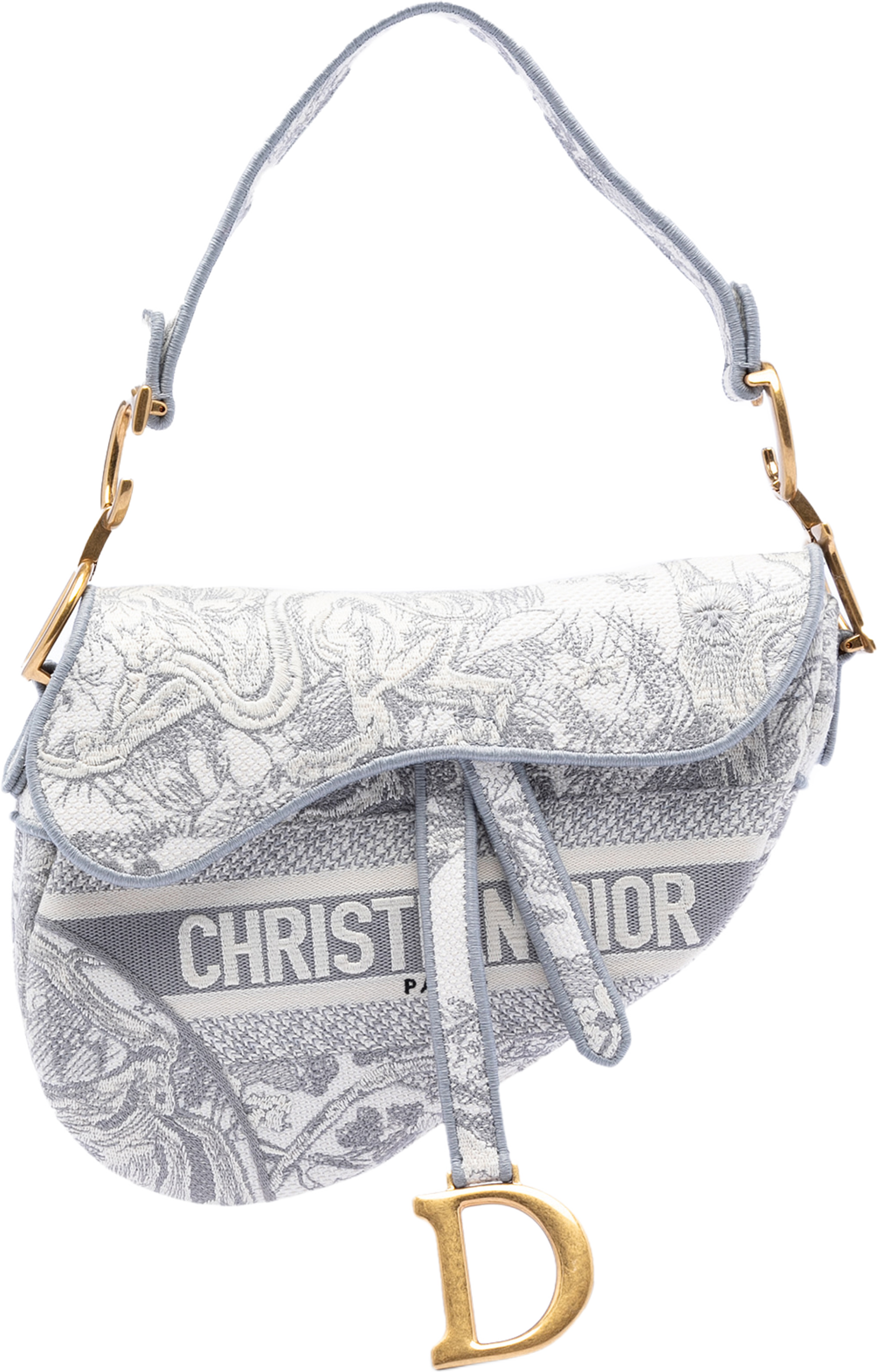 Dior Canvas Embroidered Toile De Jouy Saddle Bag, från Luxclusif, i färgen gray. Klicka för att öppna bilden i stort format