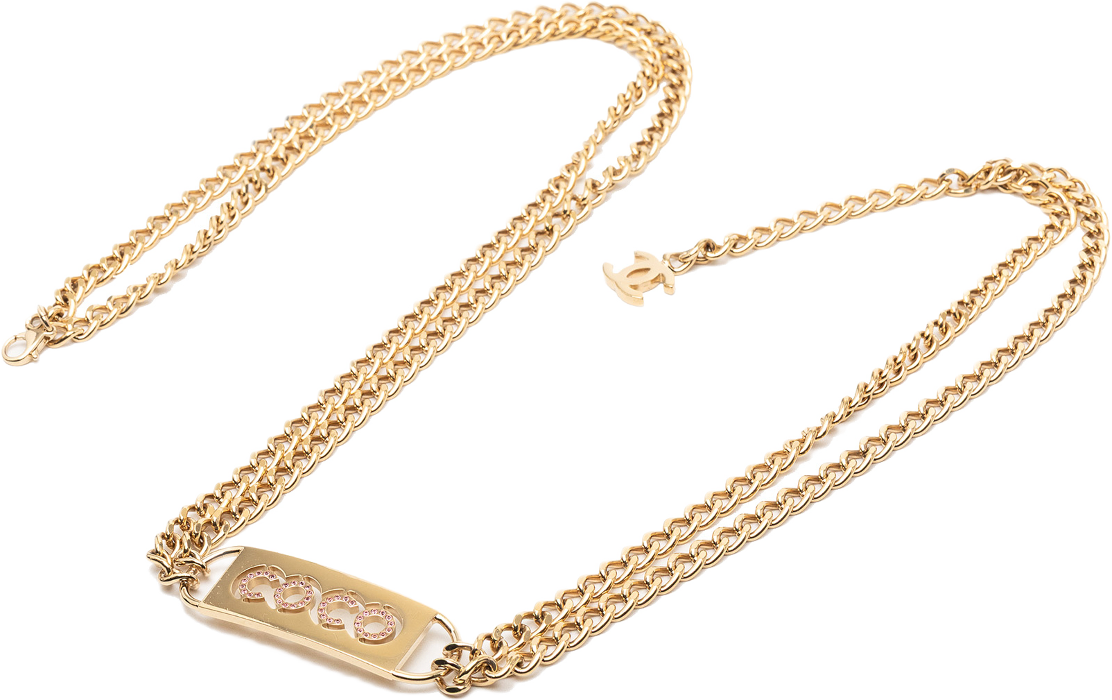 Chanel Gold Plated Strass Coco Double Chain Belt, från Luxclusif, i färgen gold. Klicka för att öppna bilden i stort format