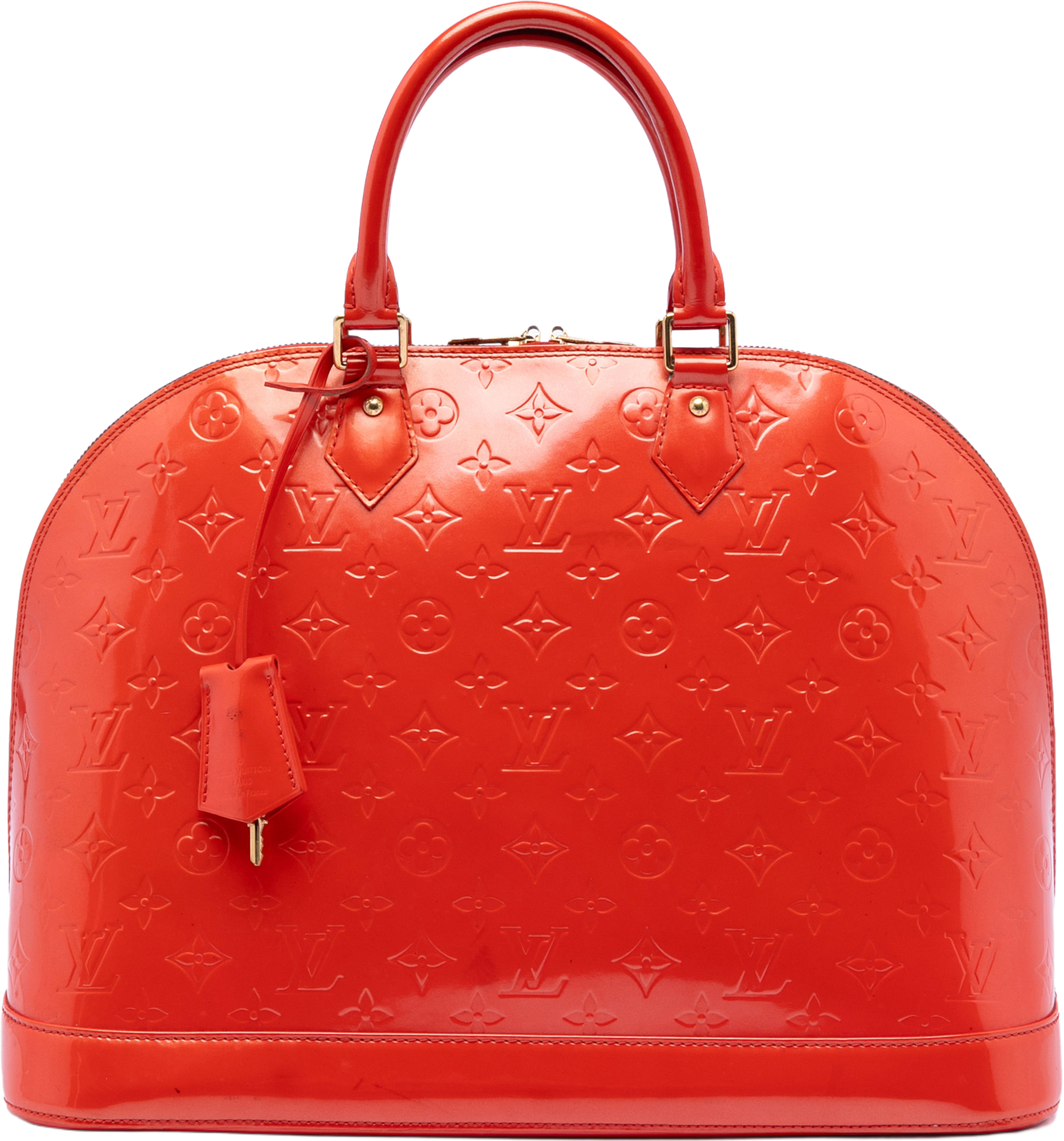 Louis Vuitton Monogram Vernis Alma Gm, från Luxclusif, i färgen red orange. Klicka för att öppna bilden i stort format