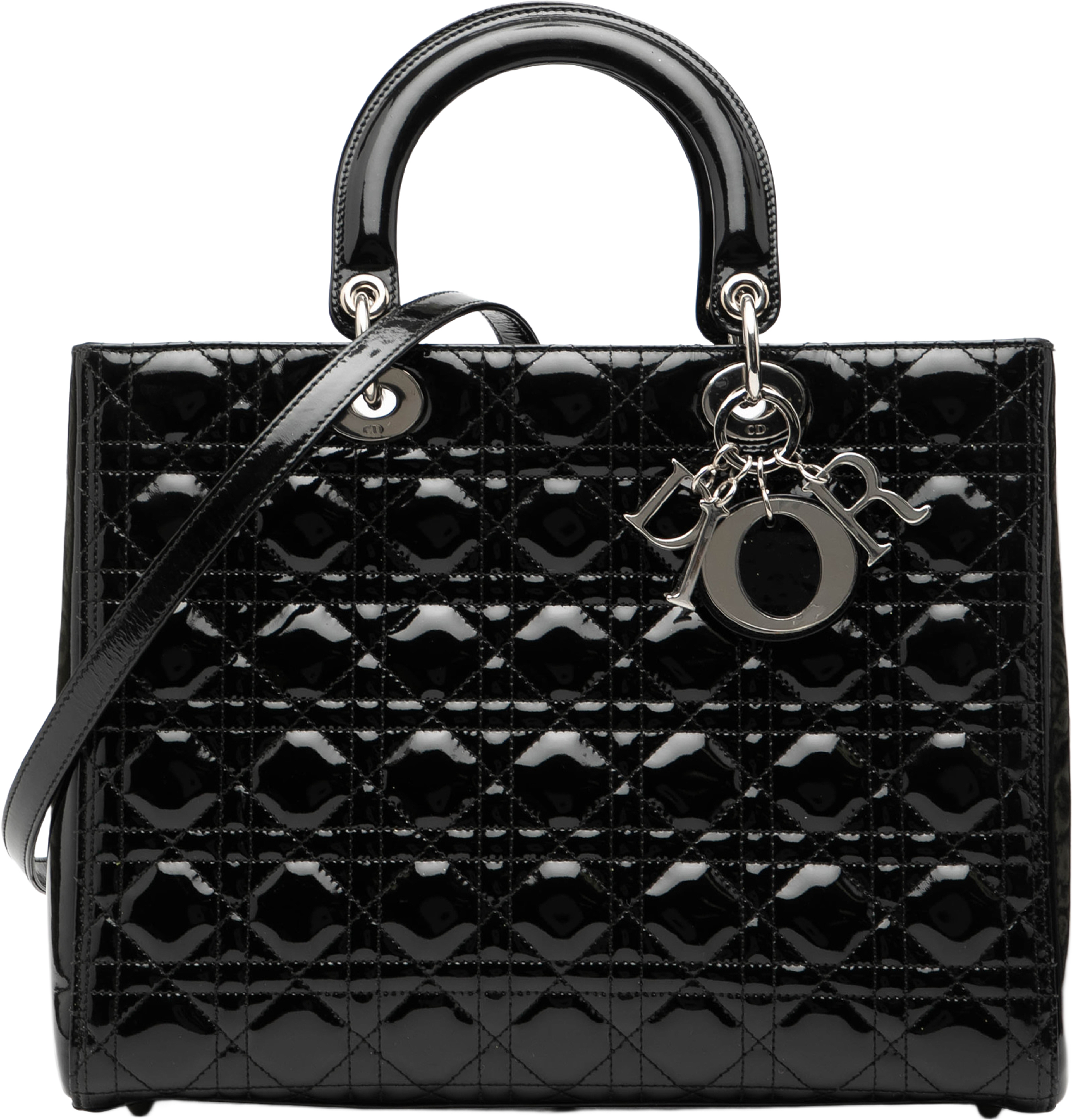 Dior Large Patent Cannage Lady Dior, från Luxclusif, i färgen black. Klicka för att öppna bilden i stort format