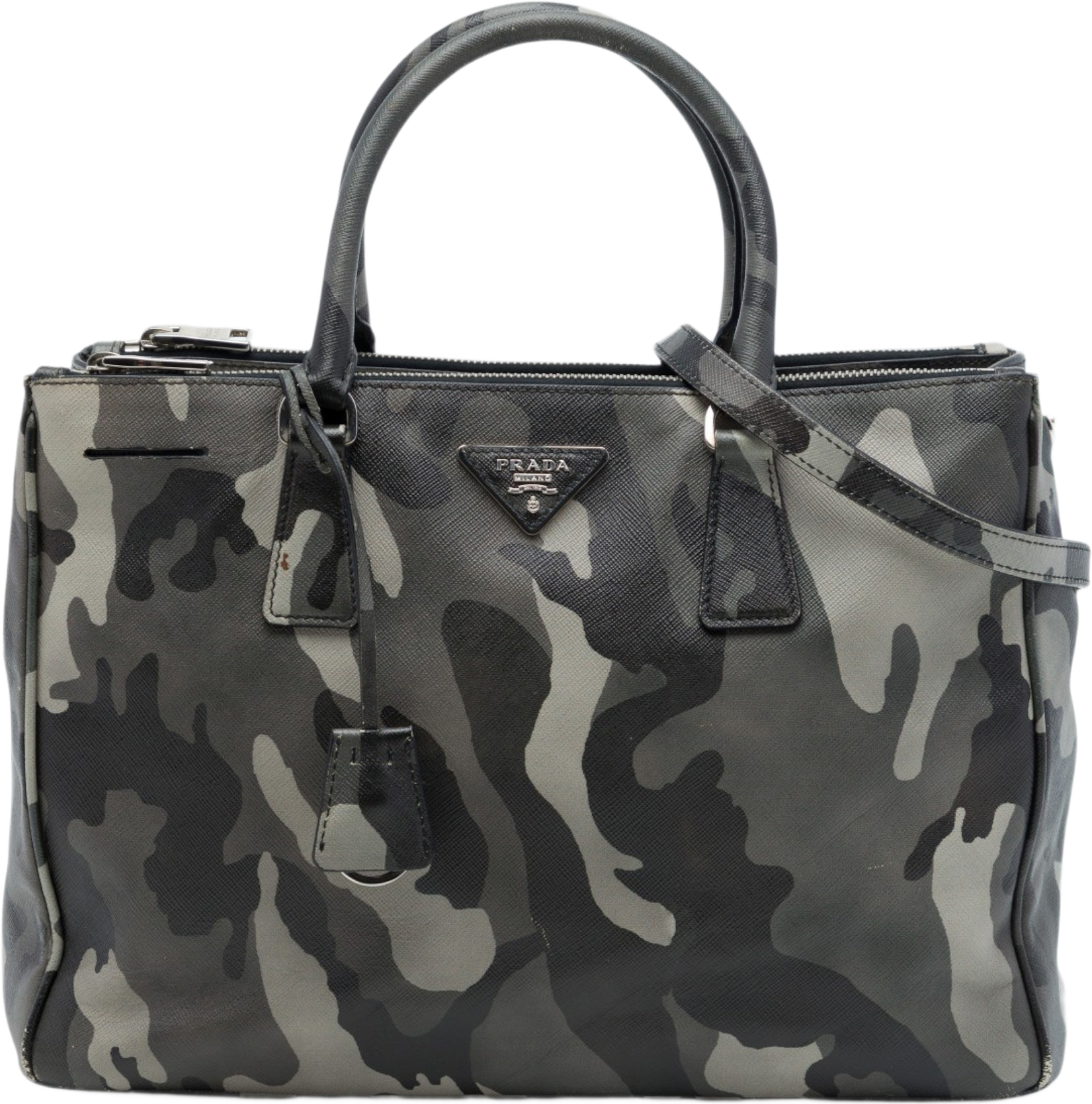 Prada Medium Saffiano Lux Camouflage Galleria Double Zip Satchel, från Luxclusif, i färgen grå. Klicka för att öppna bilden i stort format