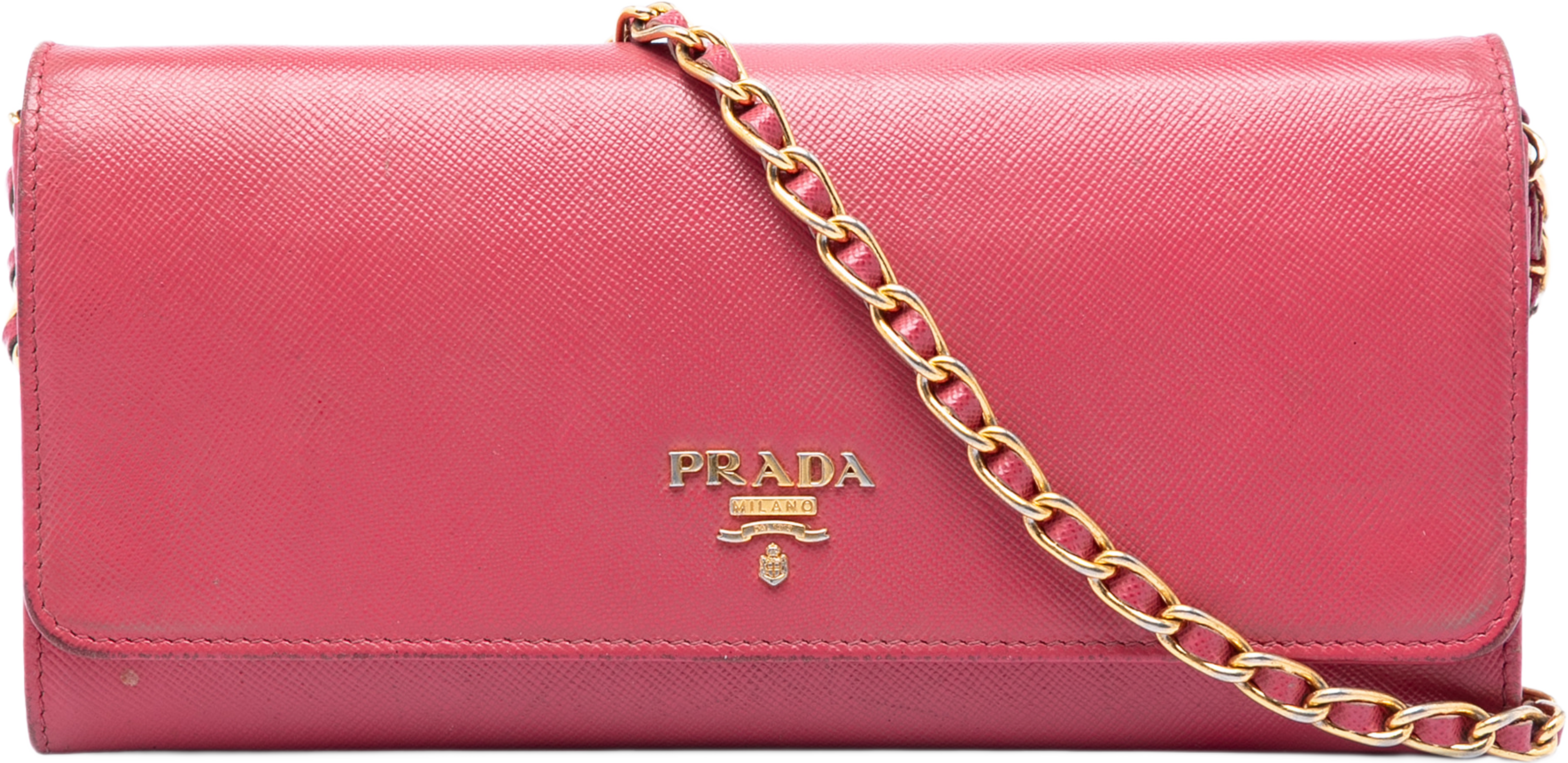 Prada Saffiano Wallet On Chain, från Luxclusif, i färgen pink. Klicka för att öppna bilden i stort format