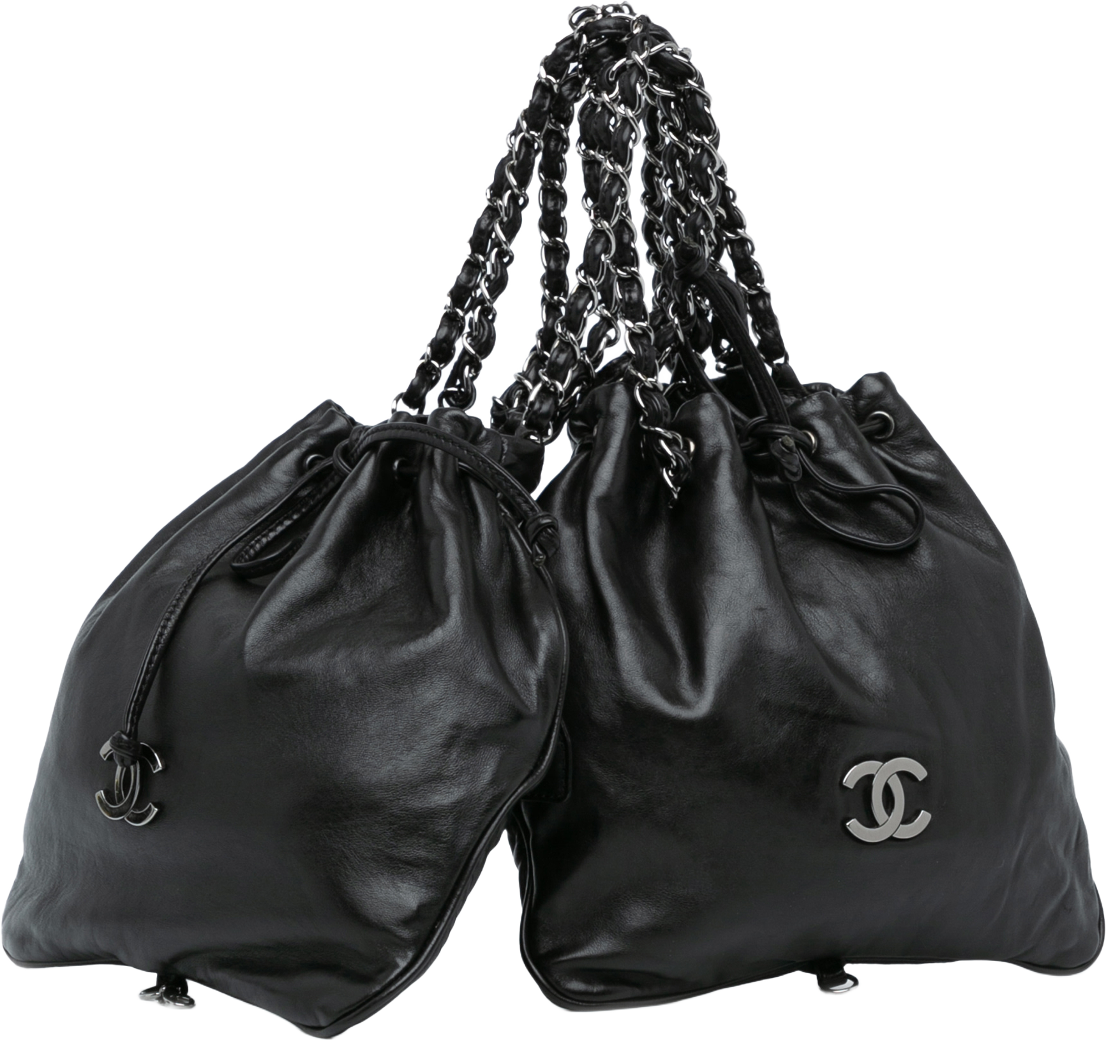 Chanel Cc Calfskin Dual Twin Chain Handbag, från Luxclusif, i färgen black. Klicka för att öppna bilden i stort format