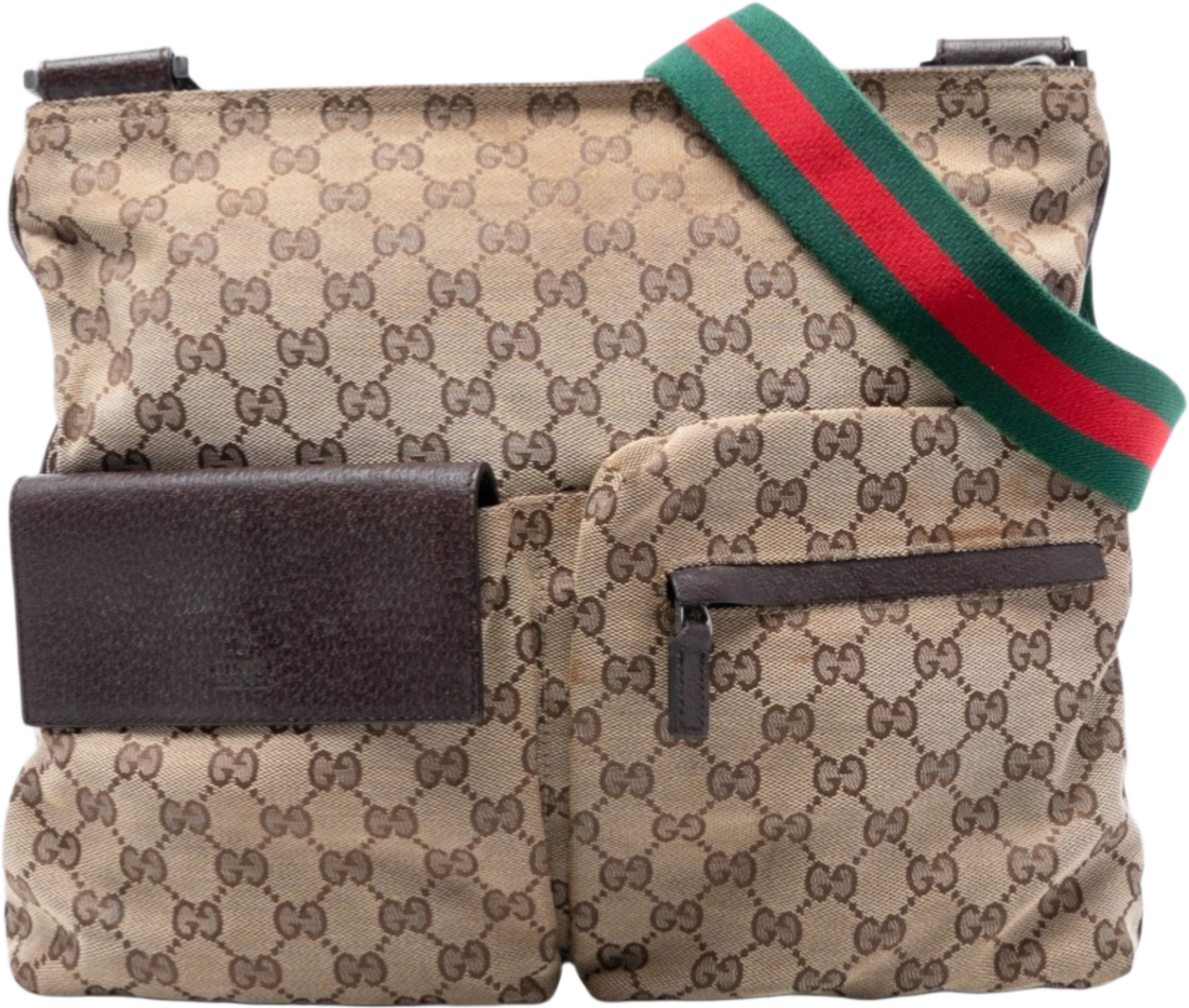 Gucci Gg Canvas Web Double Pocket Crossbody, från Luxclusif, i färgen beige. Klicka för att öppna bilden i stort format