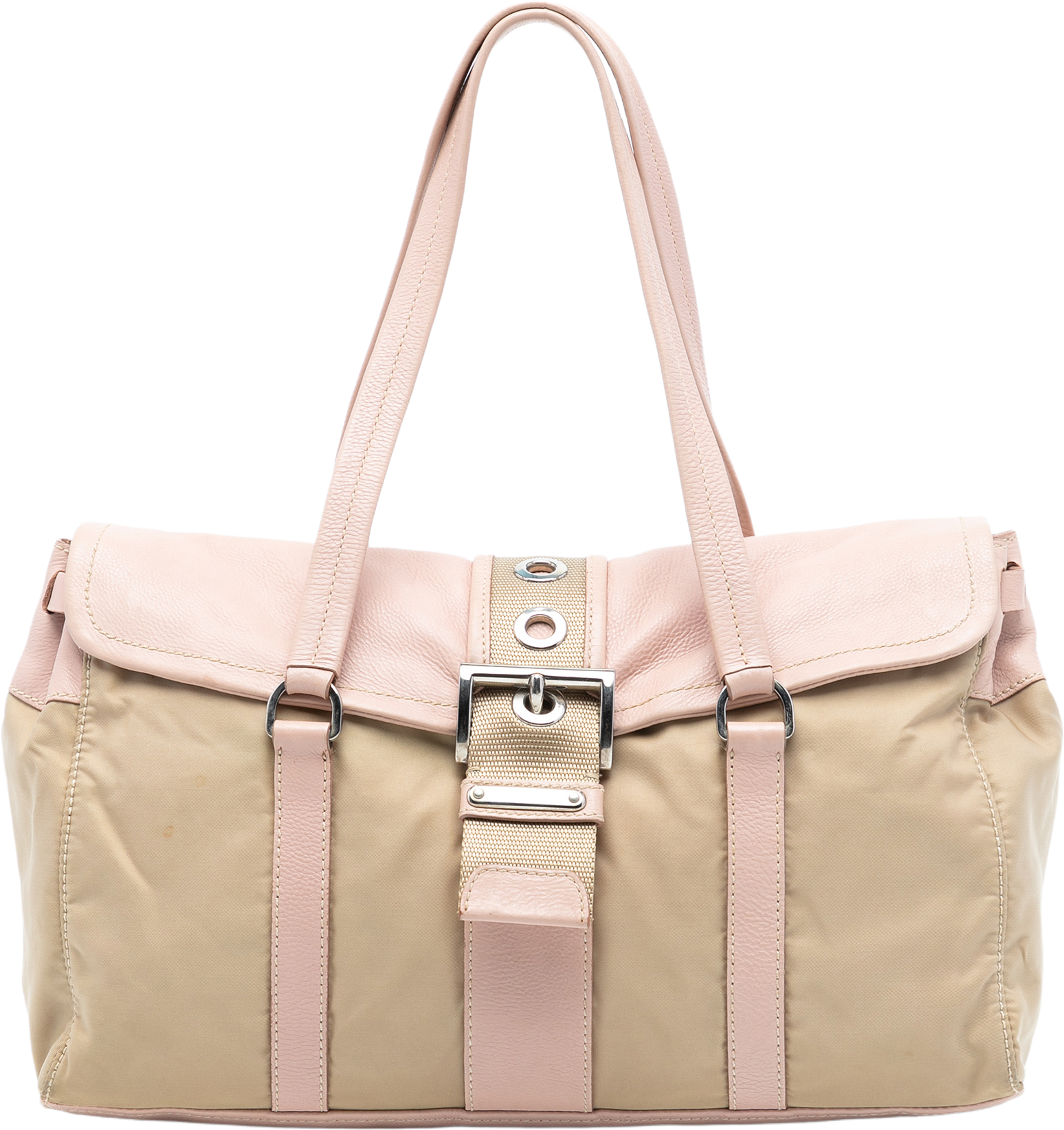 Prada Vitello Trimmed Tessuto Shoulder Bag, från Luxclusif, i färgen beige. Klicka för att öppna bilden i stort format