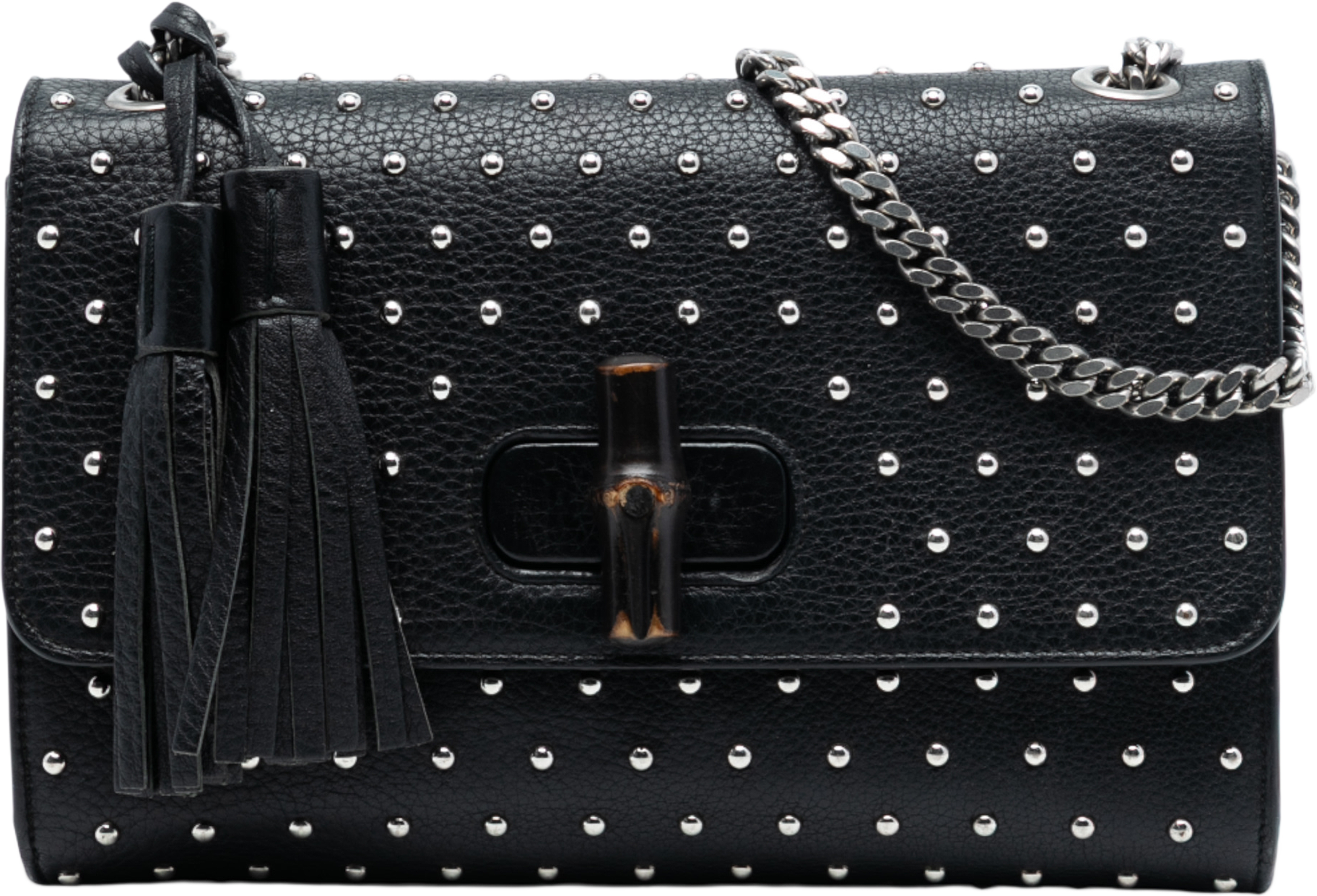 Gucci Medium Studded Leather Miss Bamboo Crossbody, från Luxclusif, i färgen black. Klicka för att öppna bilden i stort format