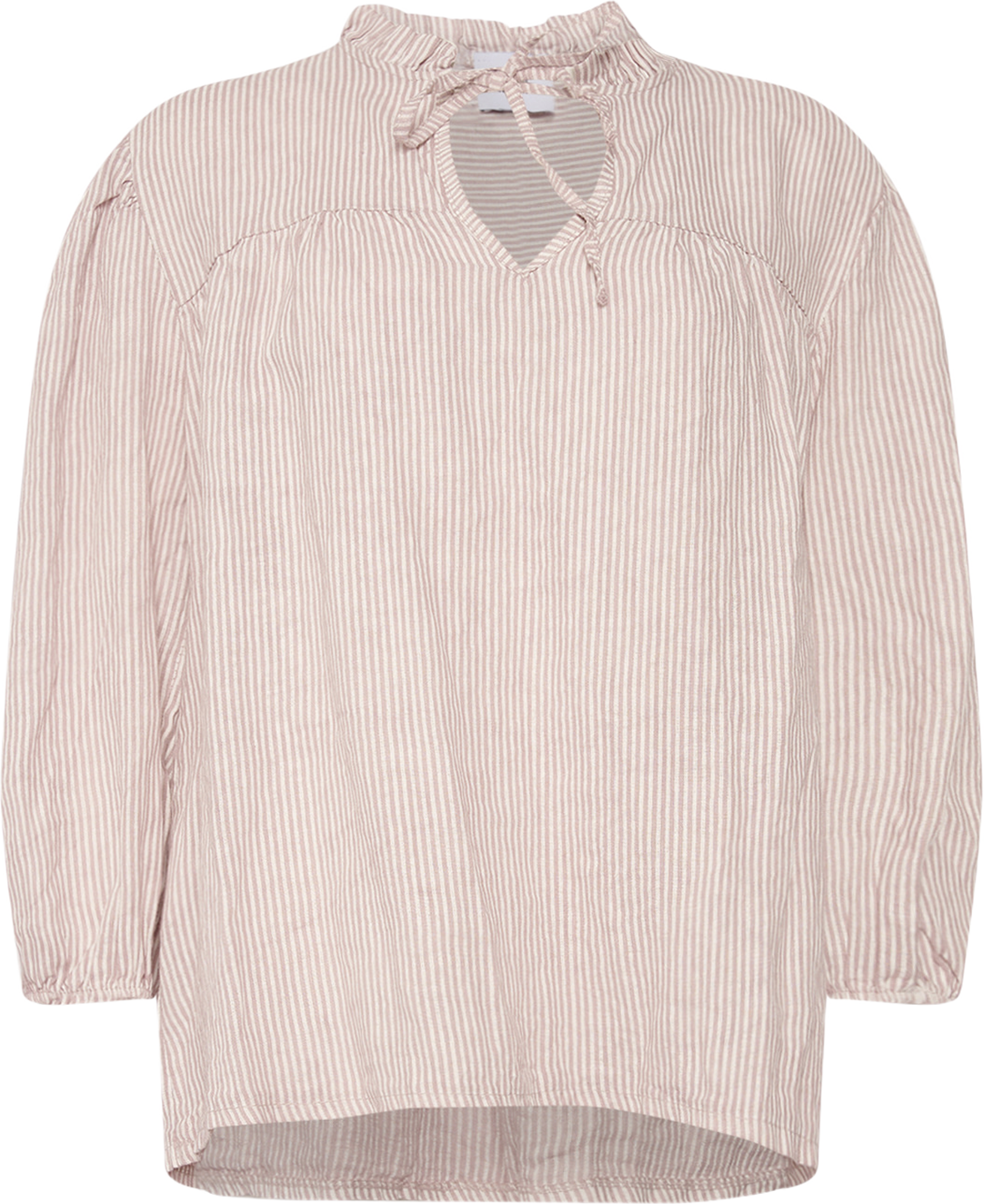 Ella, Frill Neck Blouse Stripe, Linen - Dust Lavender Stripe/cream