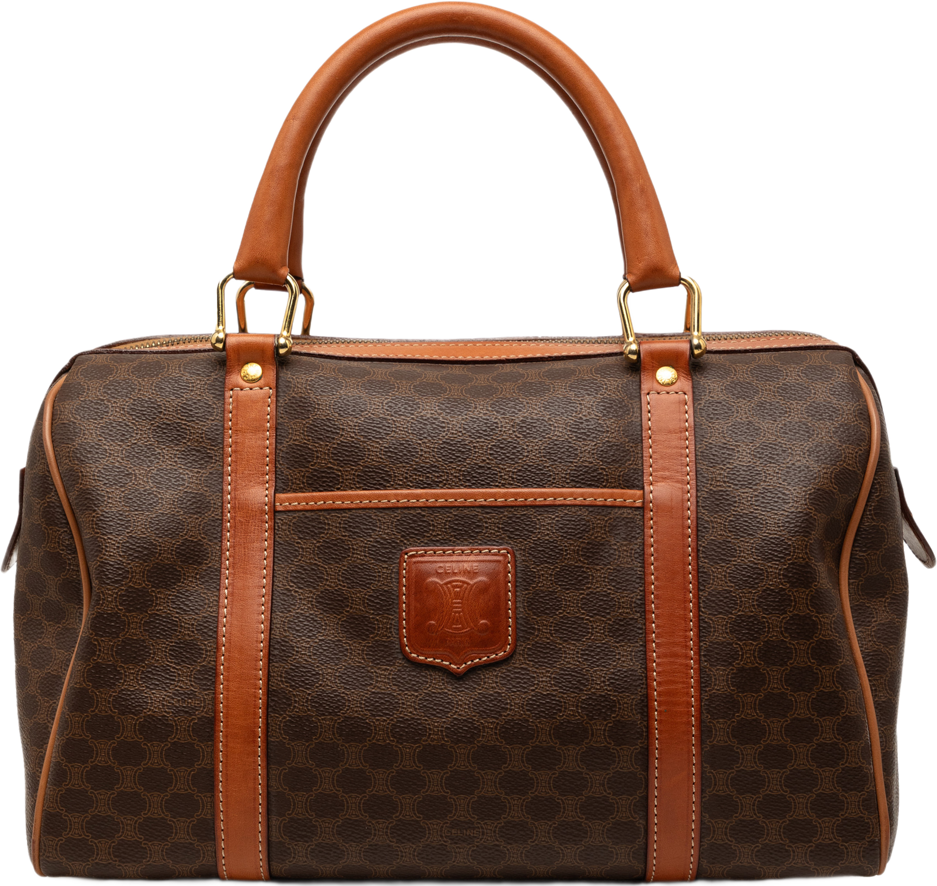 Celine Macadam Coated Canvas Boston Bag, från Luxclusif, i färgen brun. Klicka för att öppna bilden i stort format
