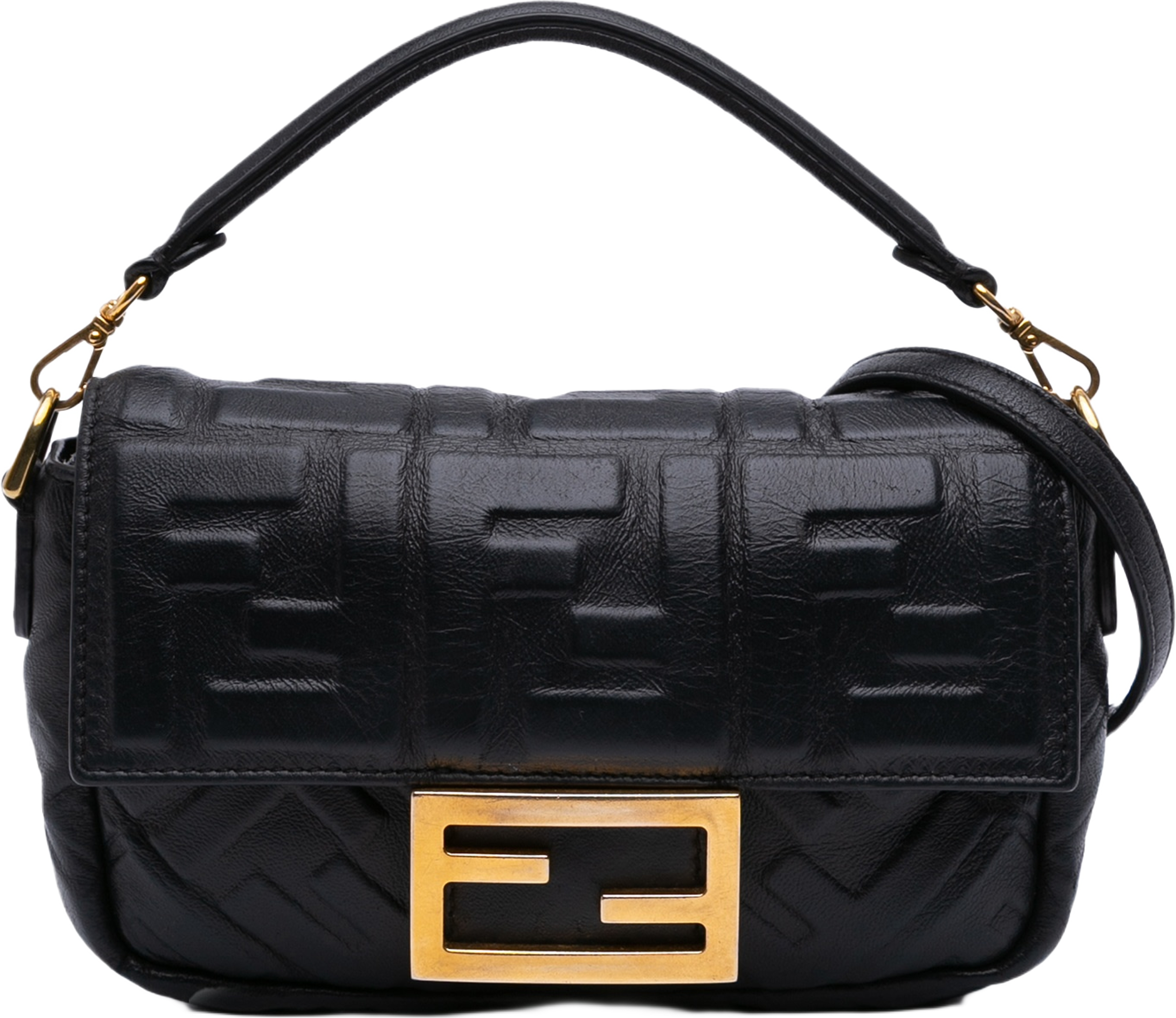 Fendi Mini Zucca Embossed Leather Baguette Satchel, från Luxclusif, i färgen black. Klicka för att öppna bilden i stort format