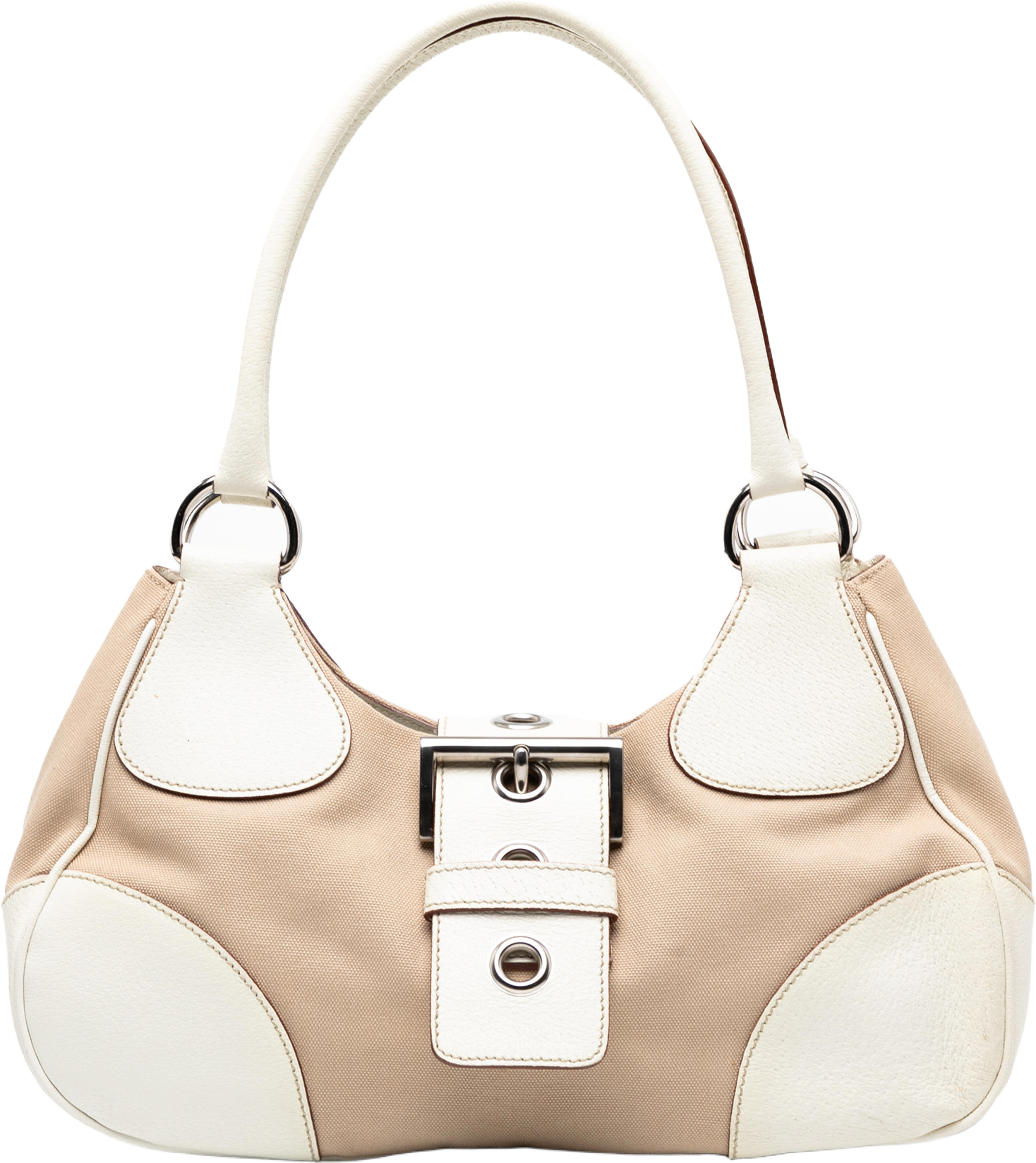 Prada Cinghiale Trimmed Canvas Canapa Moon Shoulder Bag, från Luxclusif, i färgen beige. Klicka för att öppna bilden i stort format