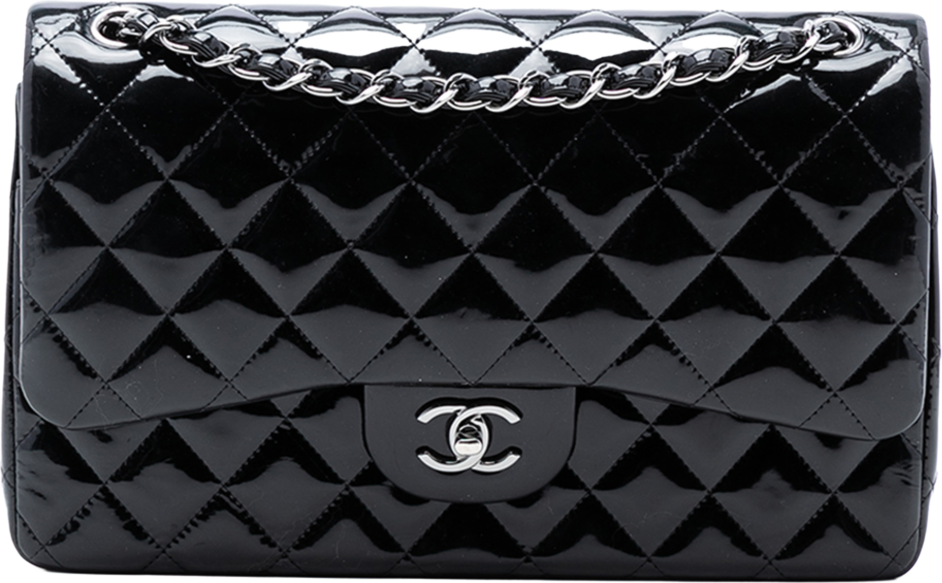 Chanel Jumbo Classic Patent Double Flap, från Luxclusif, i färgen black. Klicka för att öppna bilden i stort format