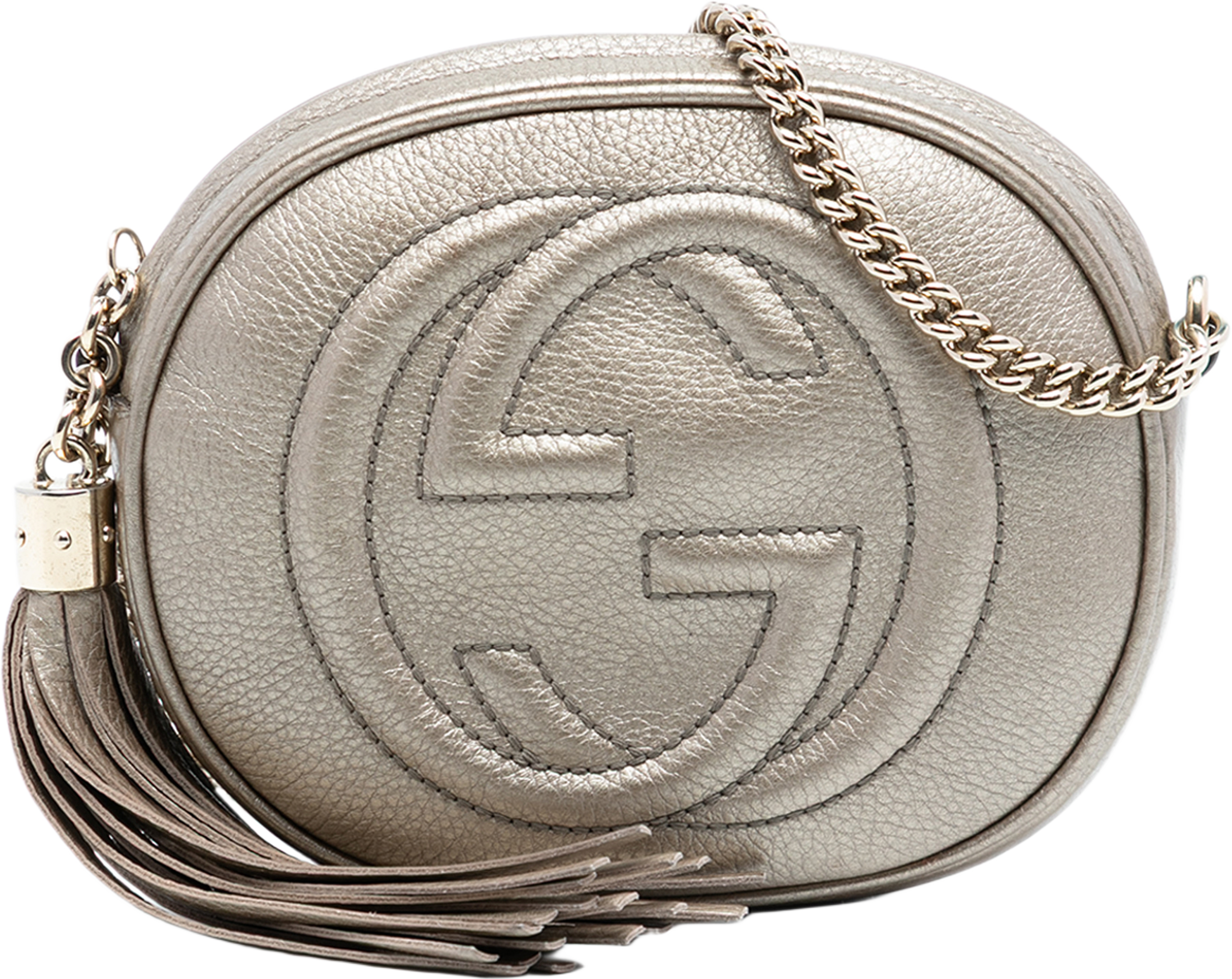 Gucci Mini Metallic Pebbled Calfskin Soho Chain Crossbody, från Luxclusif, i färgen gold. Klicka för att öppna bilden i stort format