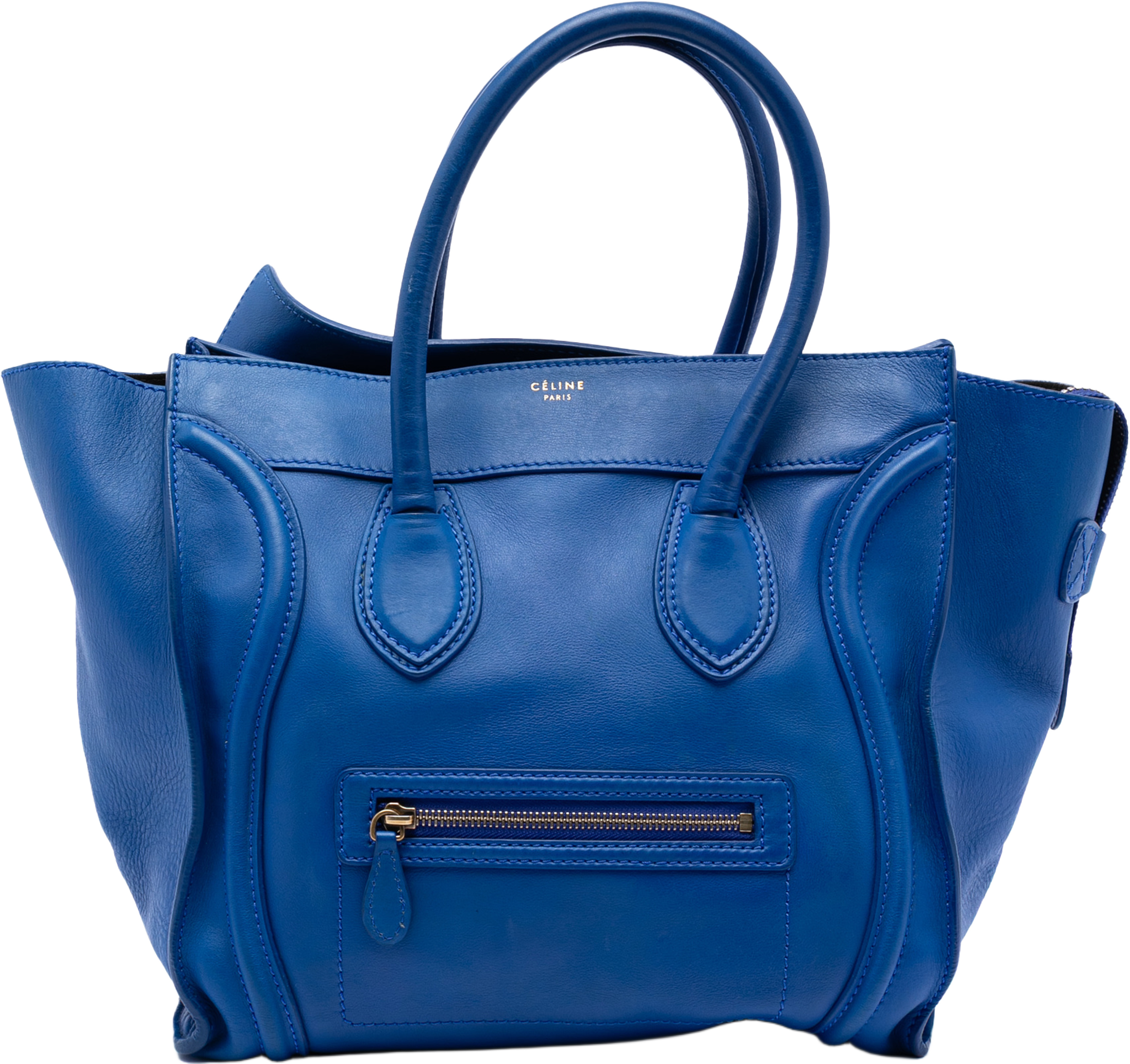 Celine Mini Calfskin Luggage Tote, från Luxclusif, i färgen blue. Klicka för att öppna bilden i stort format