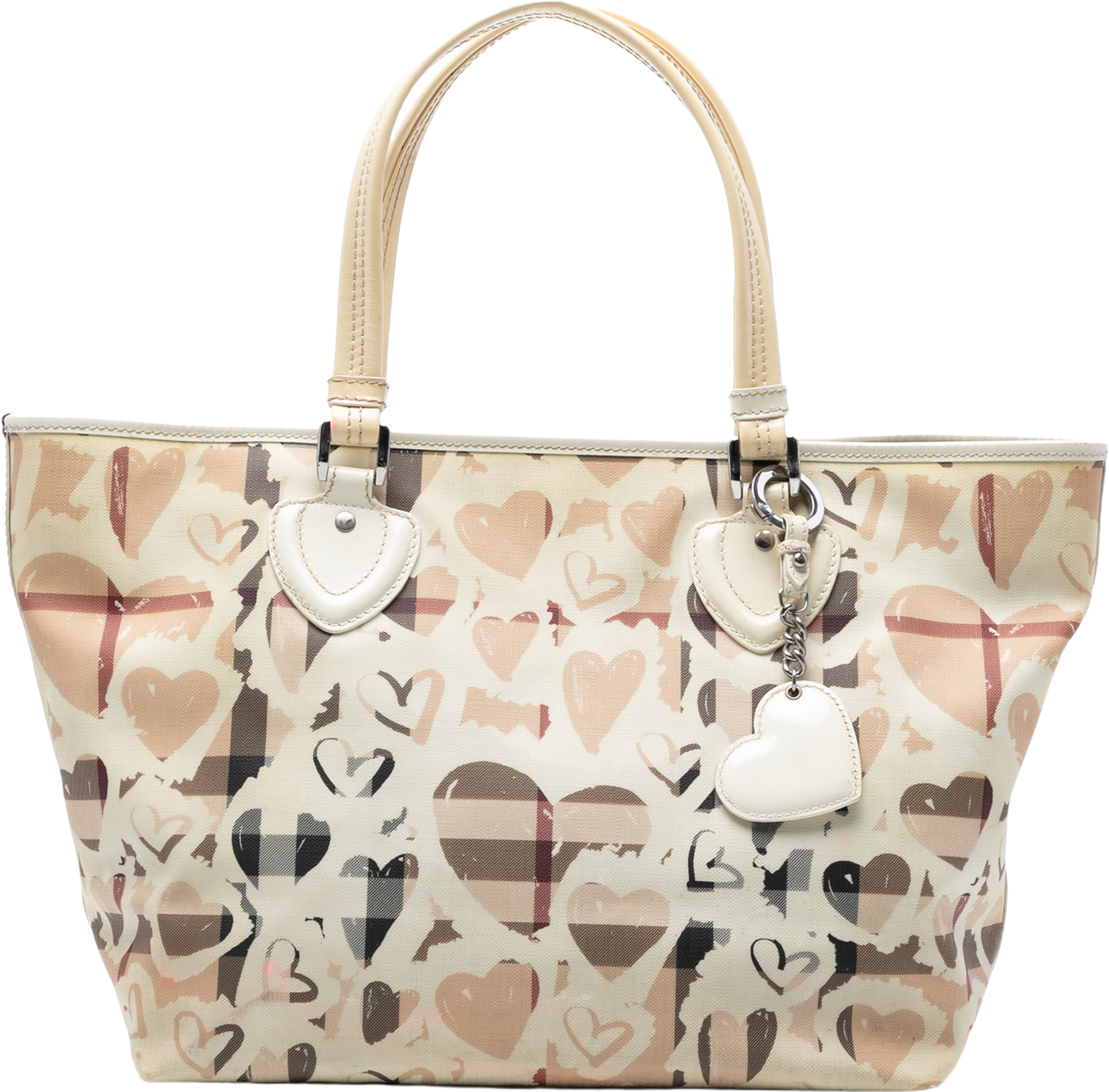 Burberry House Check Coated Canvas Hearts Gracie Tote, från Luxclusif, i färgen beige. Klicka för att öppna bilden i stort format