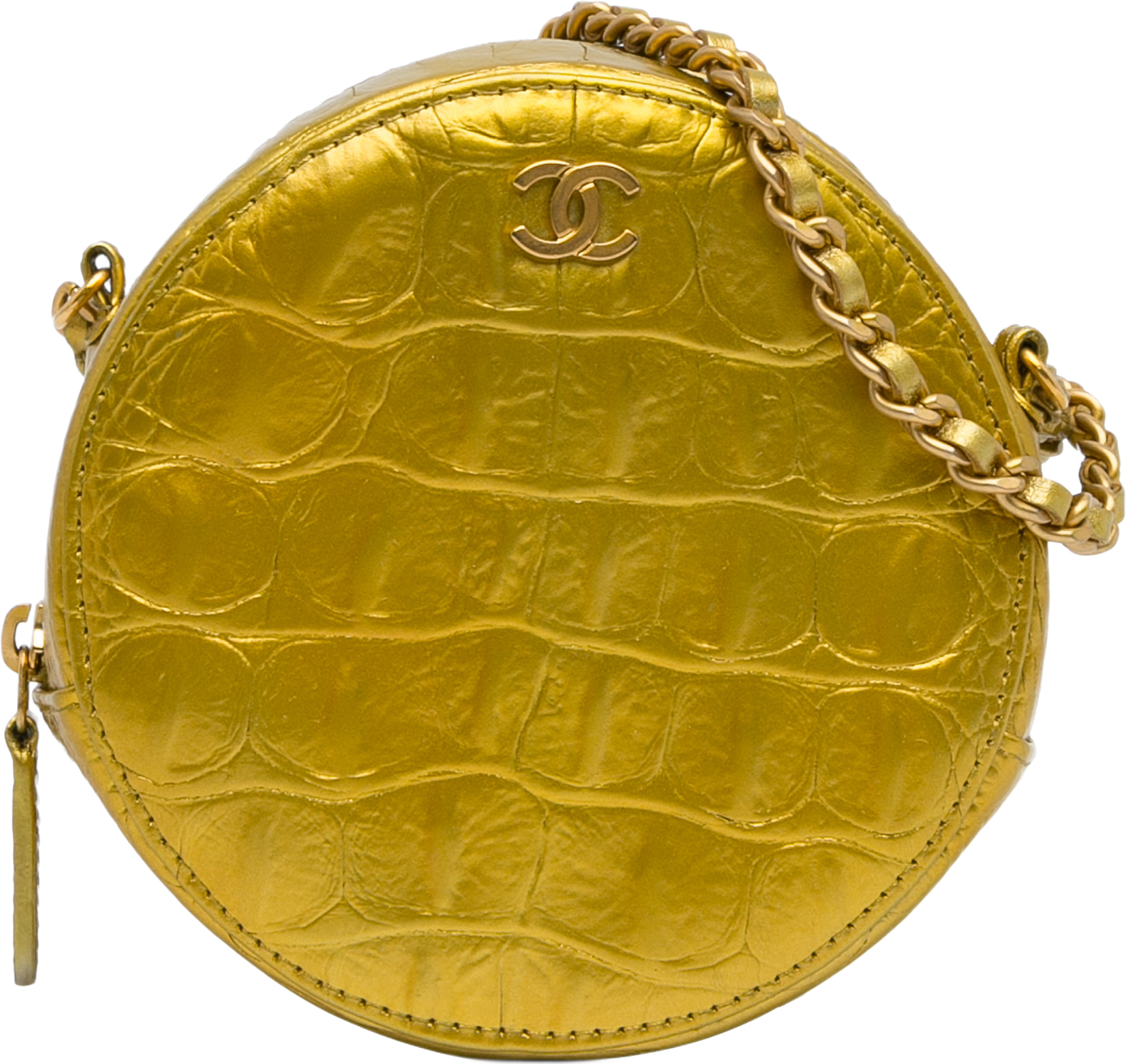 Chanel Paris-new York Coco Croc Round Crossbody Bag, från Luxclusif, i färgen guld. Klicka för att öppna bilden i stort format