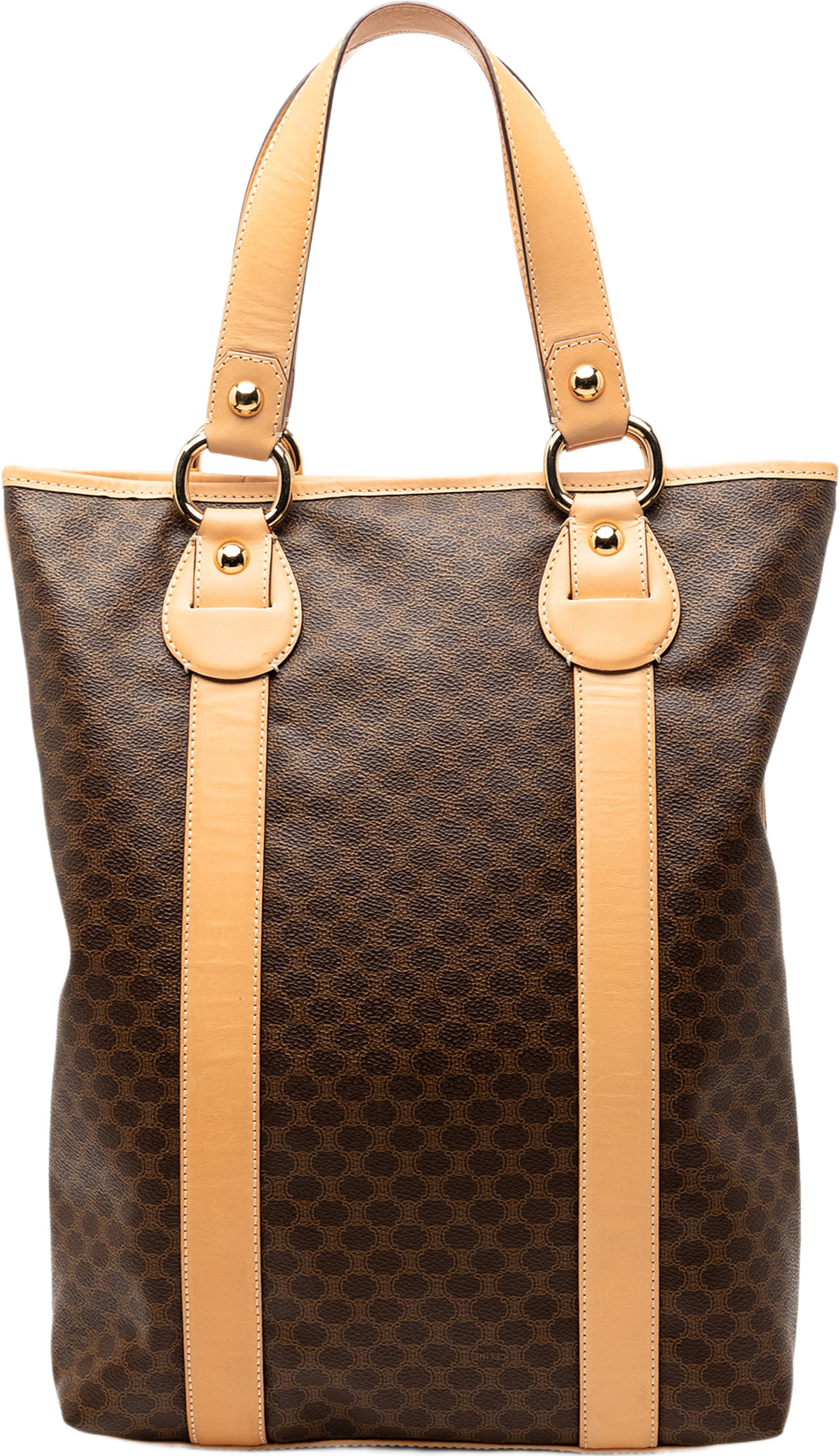Celine Macadam Coated Canvas Vertical Tote, från Luxclusif, i färgen brun. Klicka för att öppna bilden i stort format