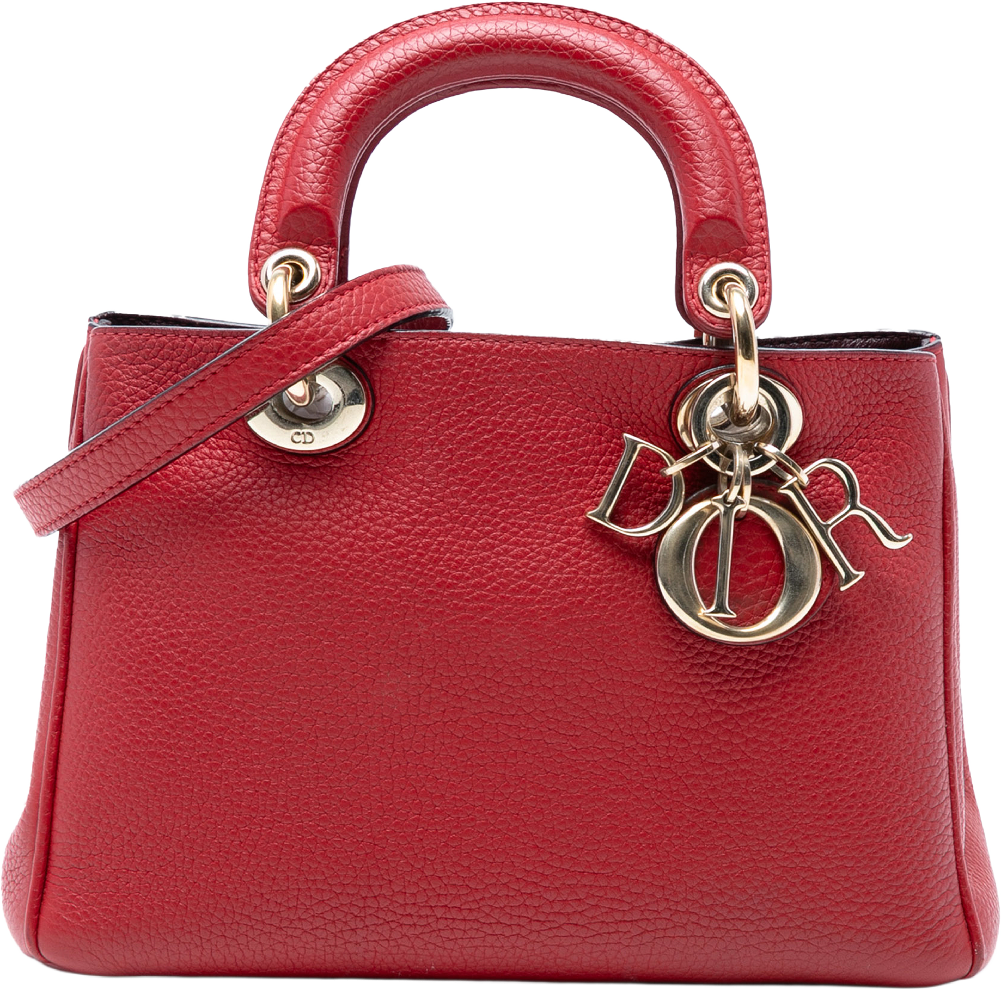 Dior Mini Leather Diorissimo Satchel, från Luxclusif, i färgen red. Klicka för att öppna bilden i stort format