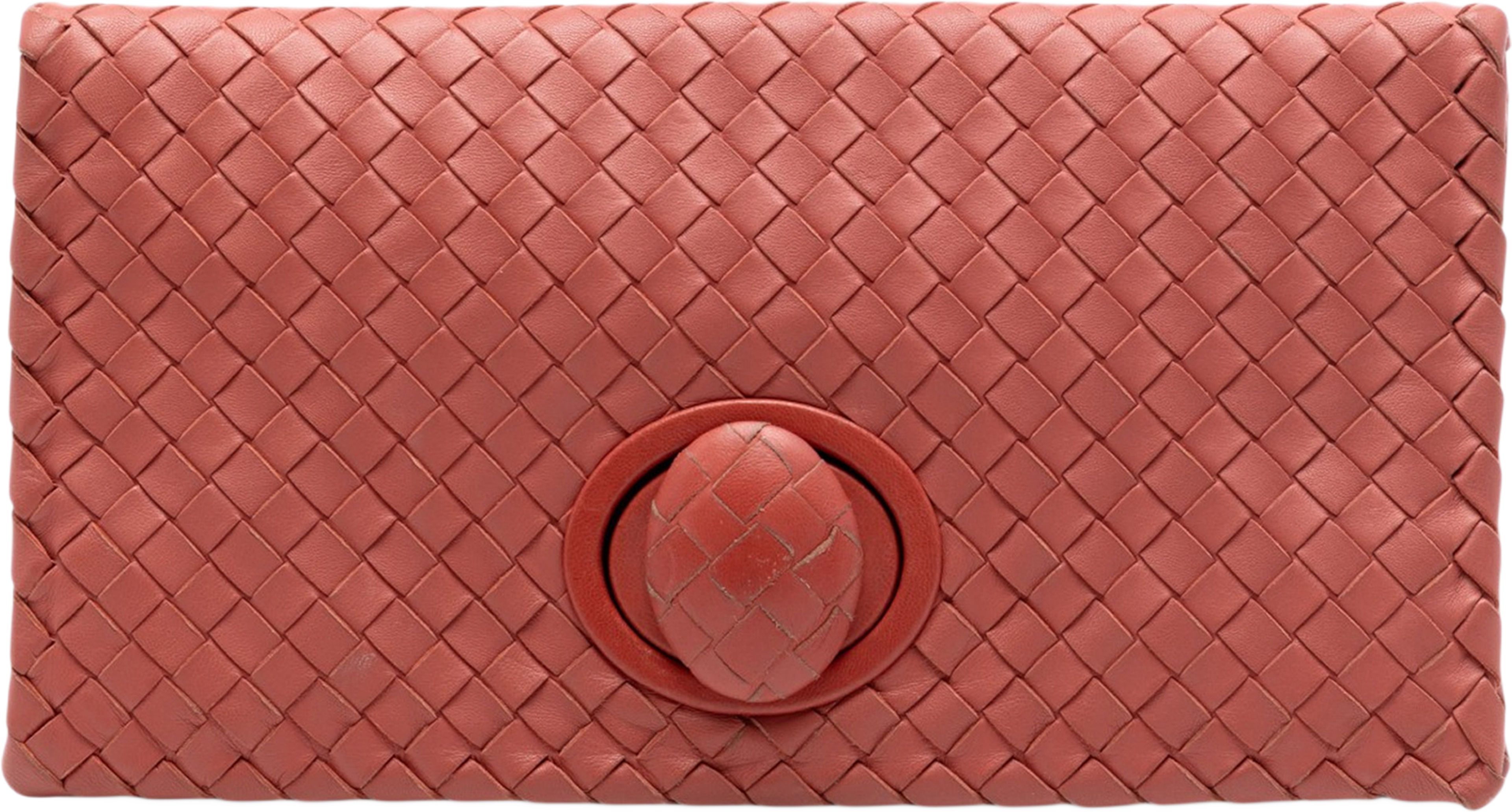 Bottega Veneta Nappa Intrecciato Turn Lock Clutch, från Luxclusif, i färgen brick. Klicka för att öppna bilden i stort format
