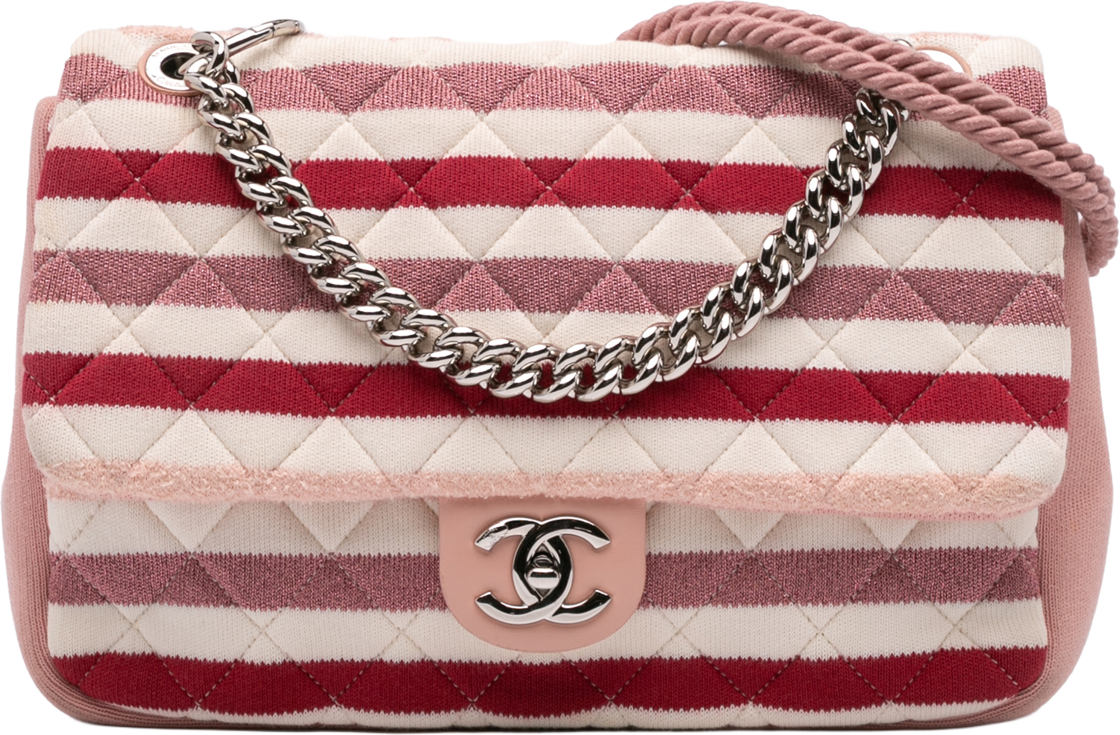 Chanel Jumbo Stripe Jersey Felt And Rope Flap, från Luxclusif, i färgen pink. Klicka för att öppna bilden i stort format