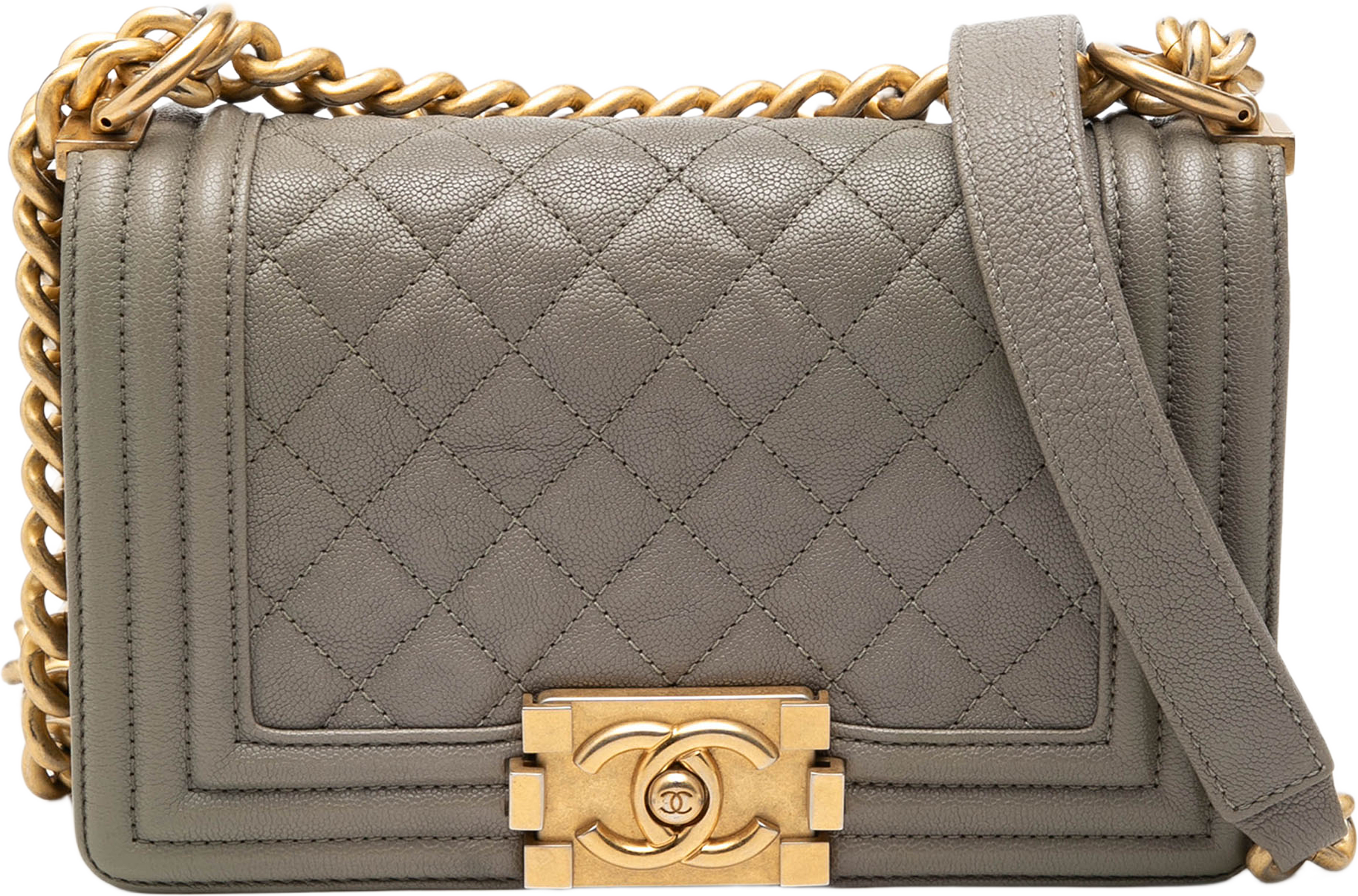 Chanel Small Quilted Caviar Boy Flap, från Luxclusif, i färgen taupe. Klicka för att öppna bilden i stort format