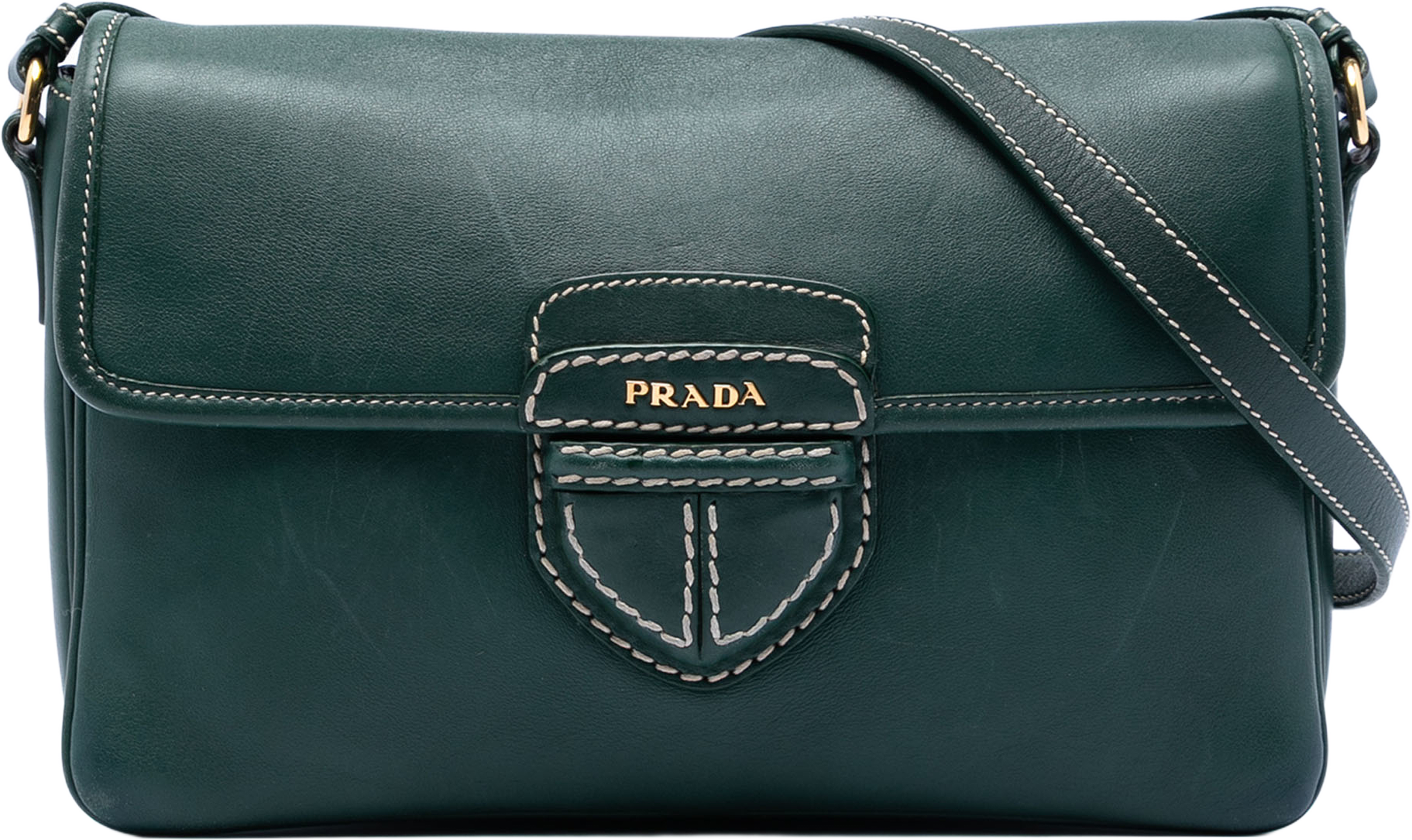 Prada City Calf Push Lock Flap Crossbody, från Luxclusif, i färgen dark green. Klicka för att öppna bilden i stort format