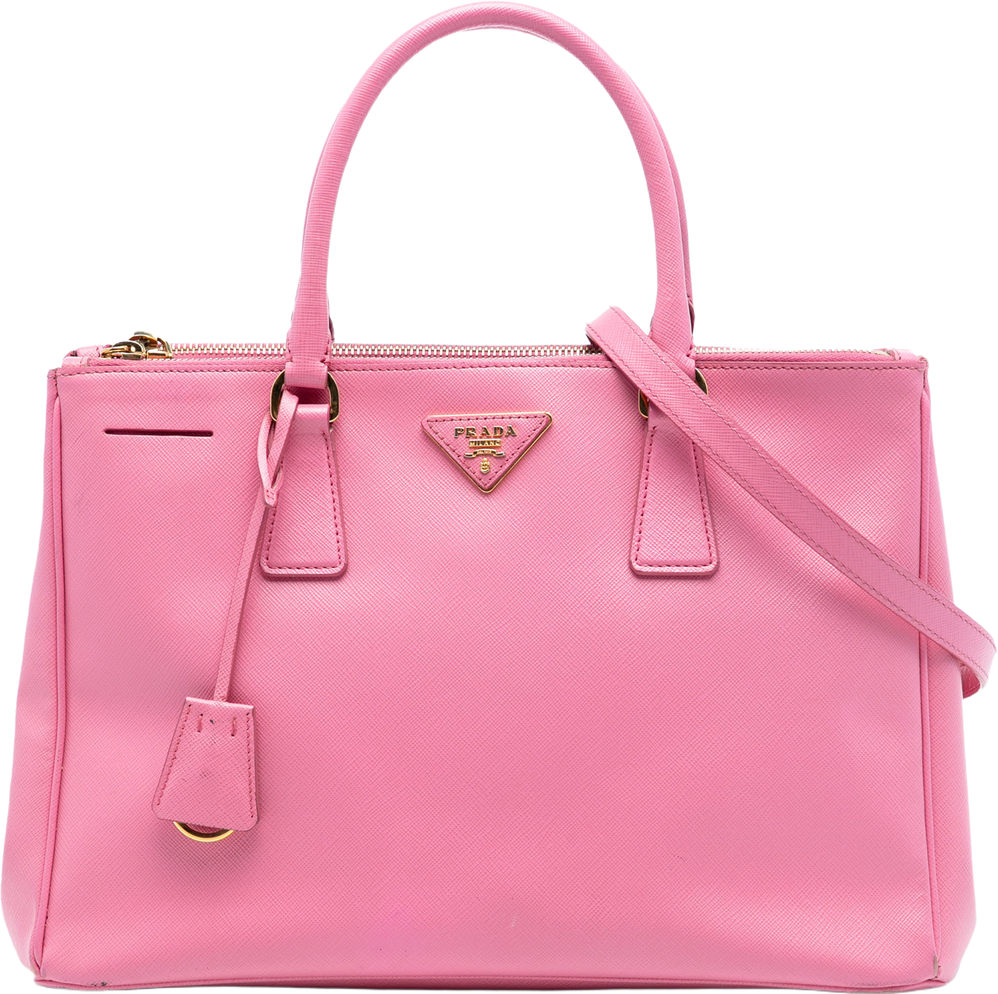 Prada Medium Saffiano Lux Galleria Double Zip Satchel, från Luxclusif, i färgen pink. Klicka för att öppna bilden i stort format