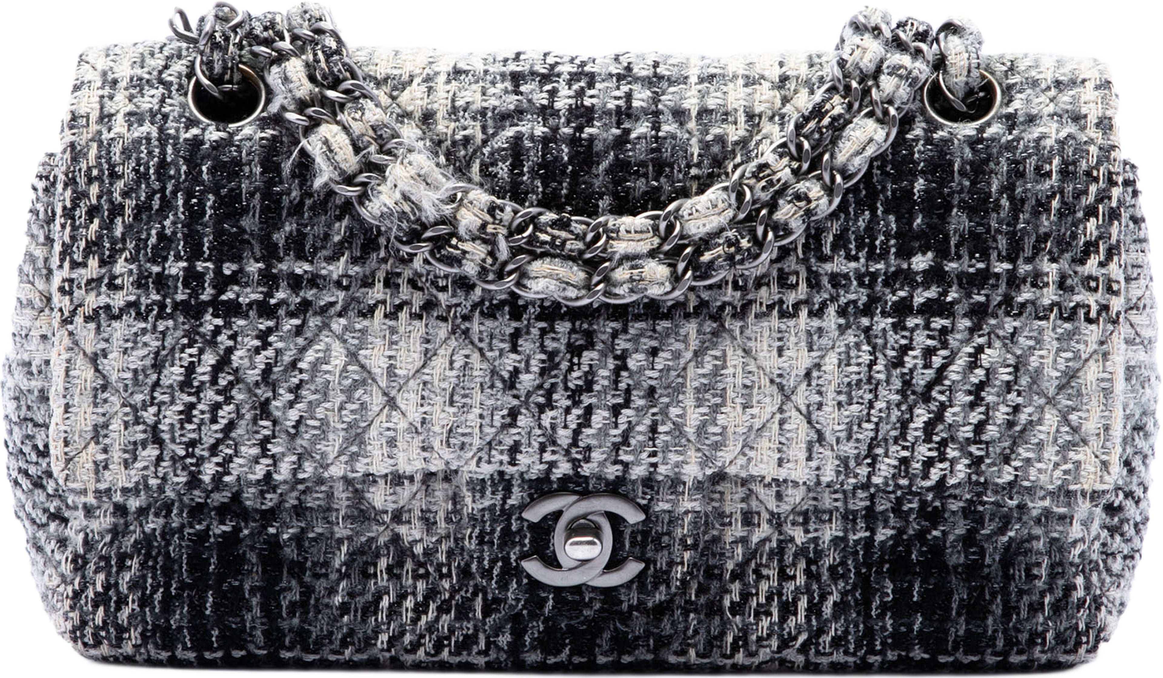 Chanel Medium Classic Quilted Tweed Double Flap, från Luxclusif, i färgen black. Klicka för att öppna bilden i stort format